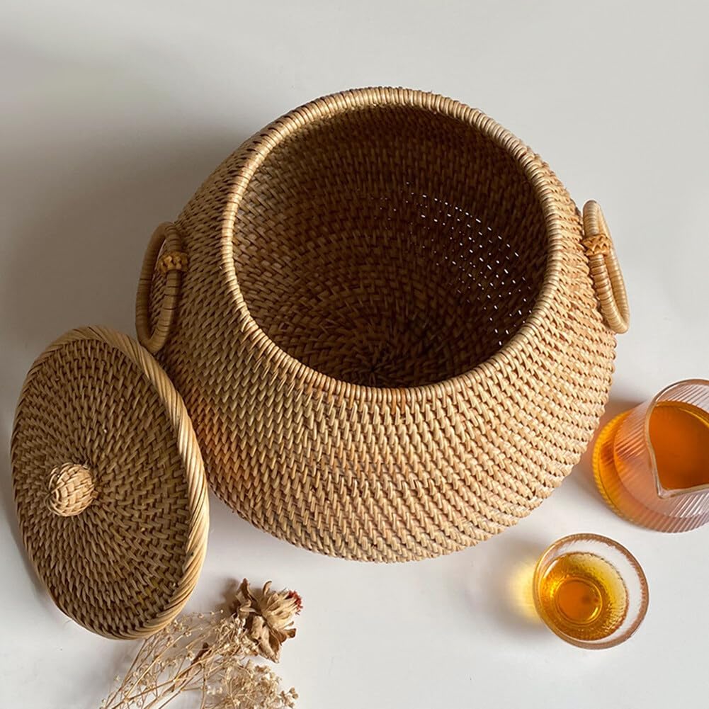 Rattan Tea Basket with Lid Round Storage Bin Organizer Hand Woven Serving Bowl Basket Natural Jar Wicker Pot Caddy for Coffee Candy Tea Snack Home Decoration