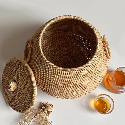 Miniatura 6 de Cesta de almacenamiento redonda de ratán con tapa, caja decorativa de ratán tejida a mano para té, frutas, aperitivos, decoración de escritorio para