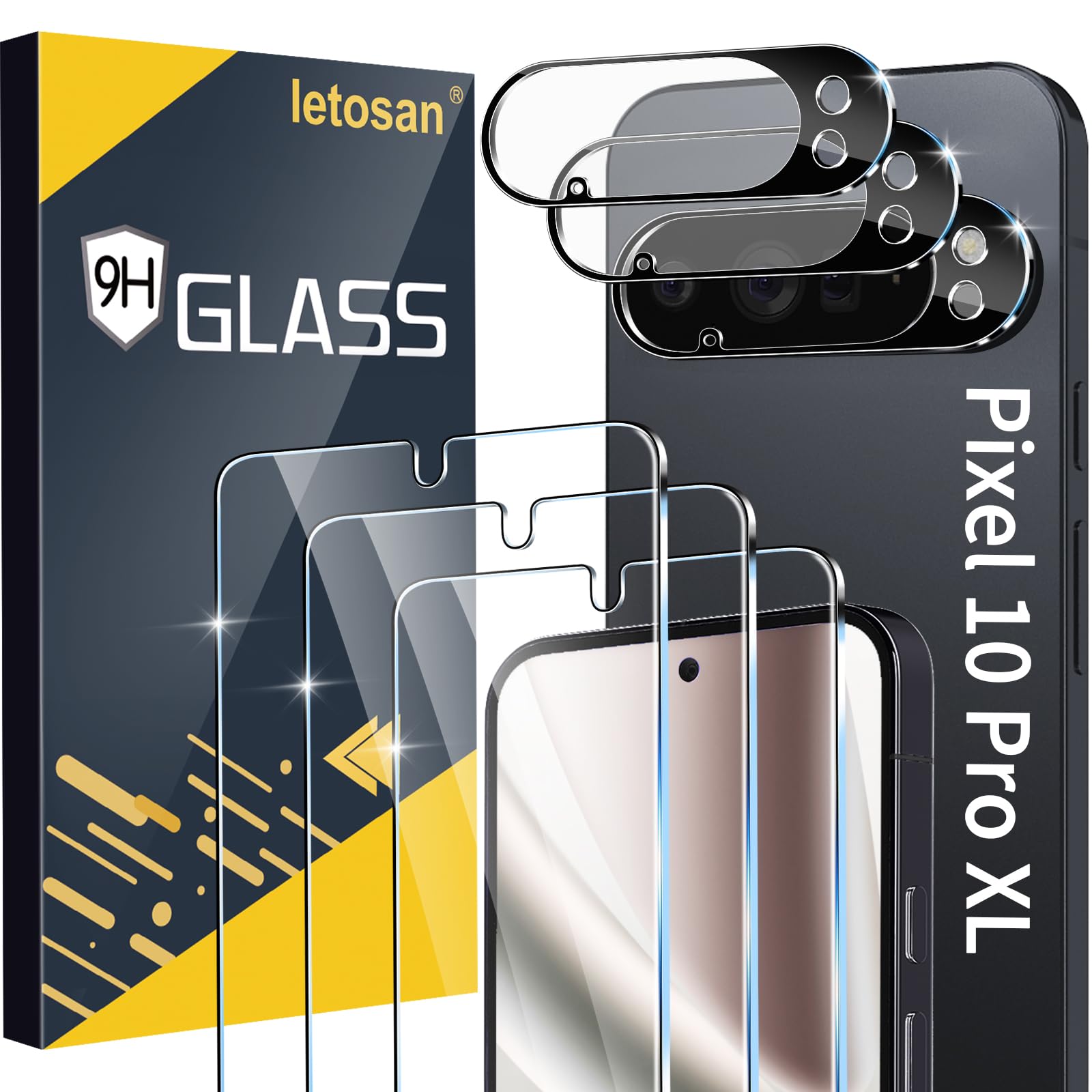 letosan 3 Pack for Google Pixel 10 Pro XL Screen Protector Tempered Glass + 3 Pack Camera Lens Protector, Military Grade Shatterproof, 9H Hardness, Fingerprint Unlock,Case Friendly 6.8 Inch