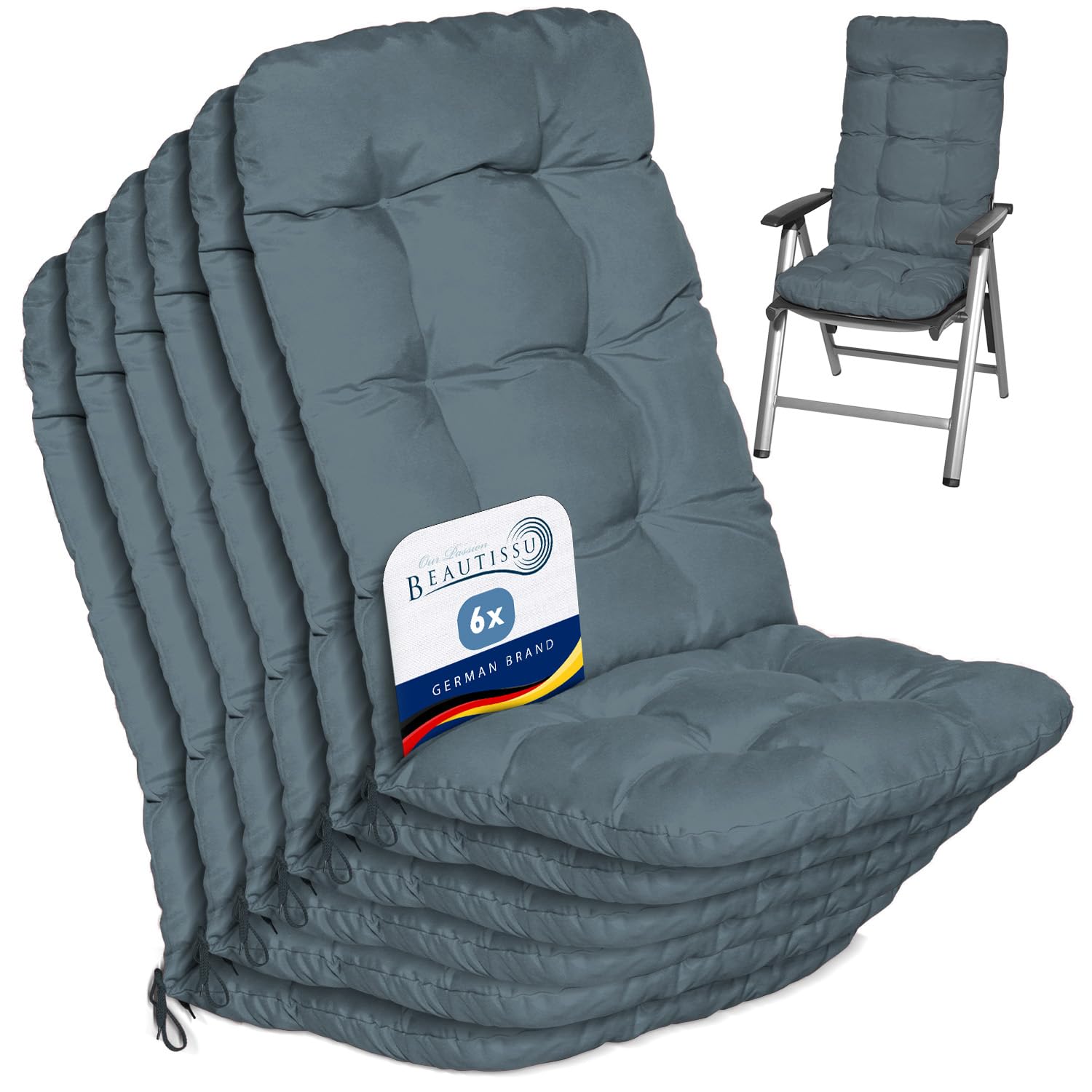 Beautissu Set of 6 Highback Garden Chair Cushions Set 120x50x8 cm - Dove Blue Outdoor Seat Cushions for Garden Chairs with Backs Pillows for Recliner Patio Sunbed Bench - Flair HL