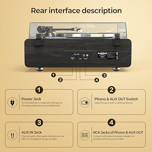 Miniatura 6 de Tocadiscos de vinilo Bluetooth, tocadiscos de transmisión por correa con altavoces integrados, cartucho magnético AT-3600L, soporta 3345 RPM,