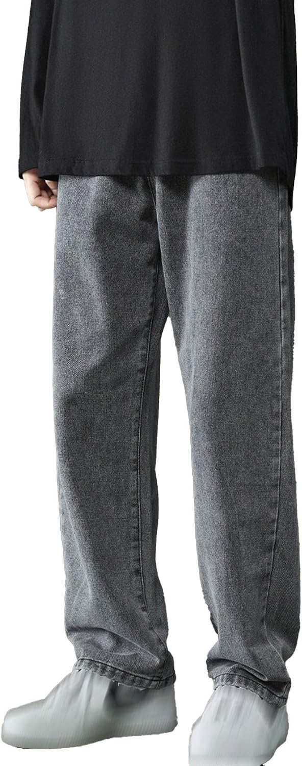 DGHM-JLMY Men's Daily Mid Waisted Baggy Solid Jeans Wide Leg Denim Pants with Zipper Casual Loose Hip Hop Denim Pants