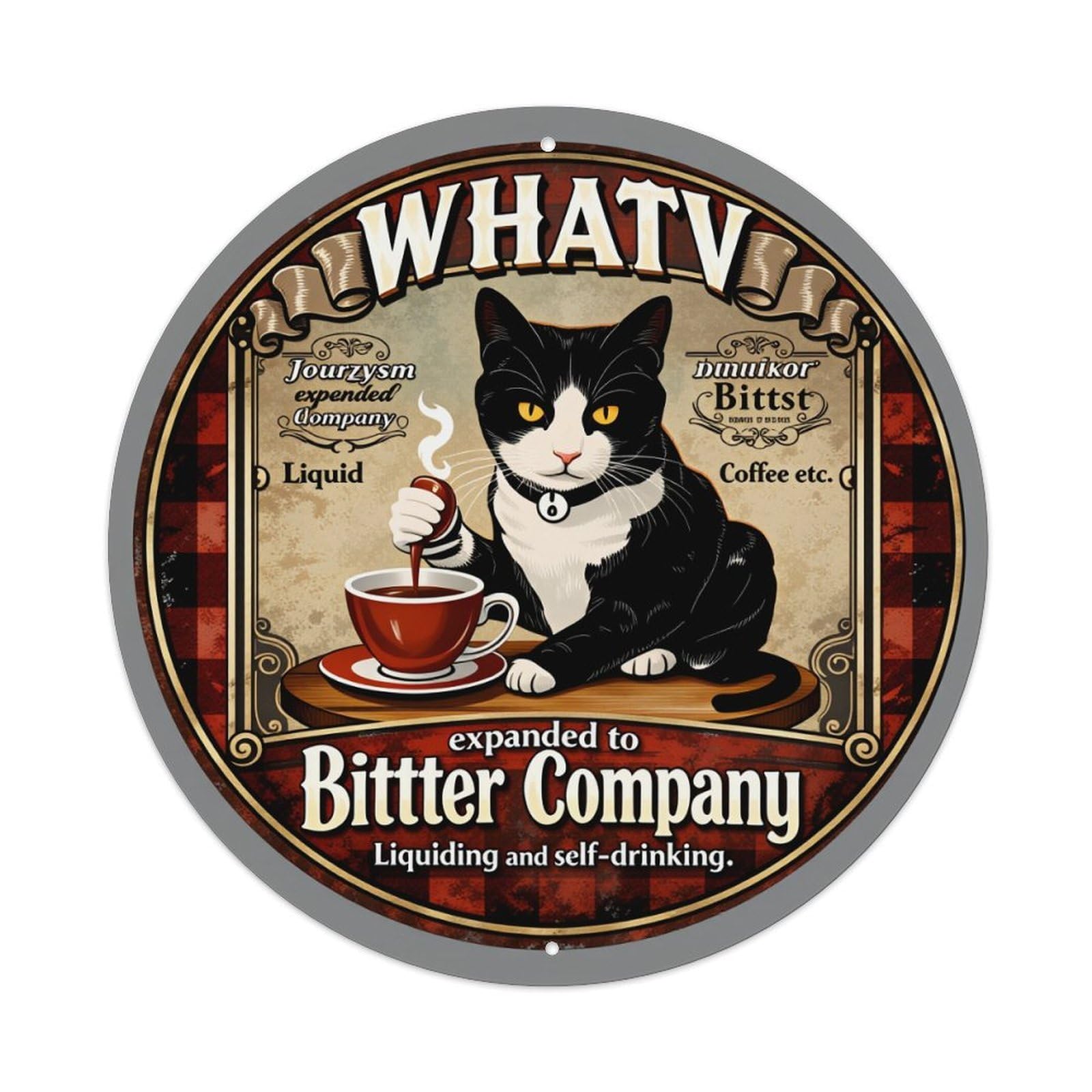 Cat Holding Coffee Cup With Steam And Text Around Round Vintage Tin Sign,Retro Wall Art,Metal Poster for Home, Bar, Garage, Cafe, Rustic Indoor & Outdoor Decor, 8x8 Inches