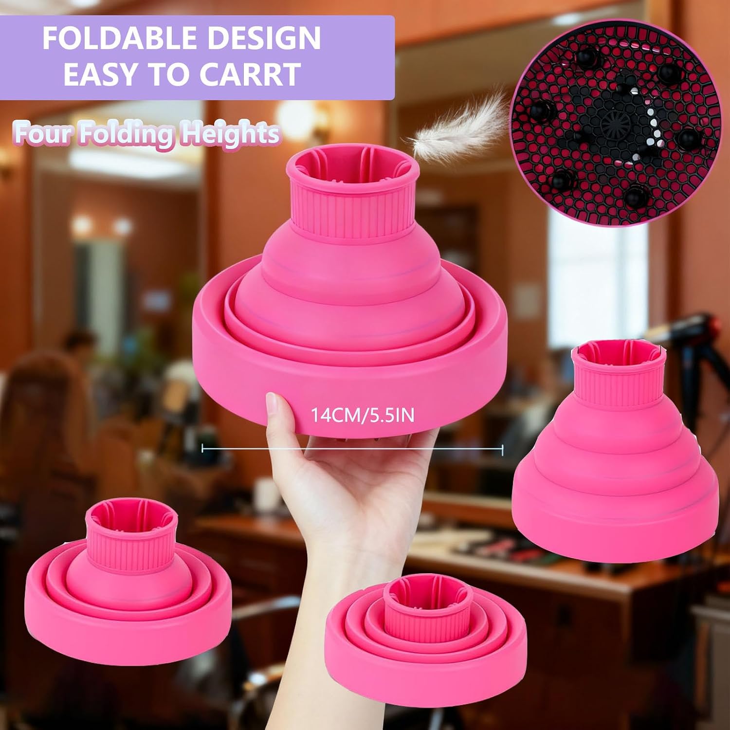 Universal Silicone Hair Dryer Diffuser Attachment, Collapsible & Portable Blow Hair Diffuser for Curly/Wavy Hair Travel Use, Lightweight Folding Fits 1.57-1.99" Nozzles for Salon Home (Rose Red) image 3