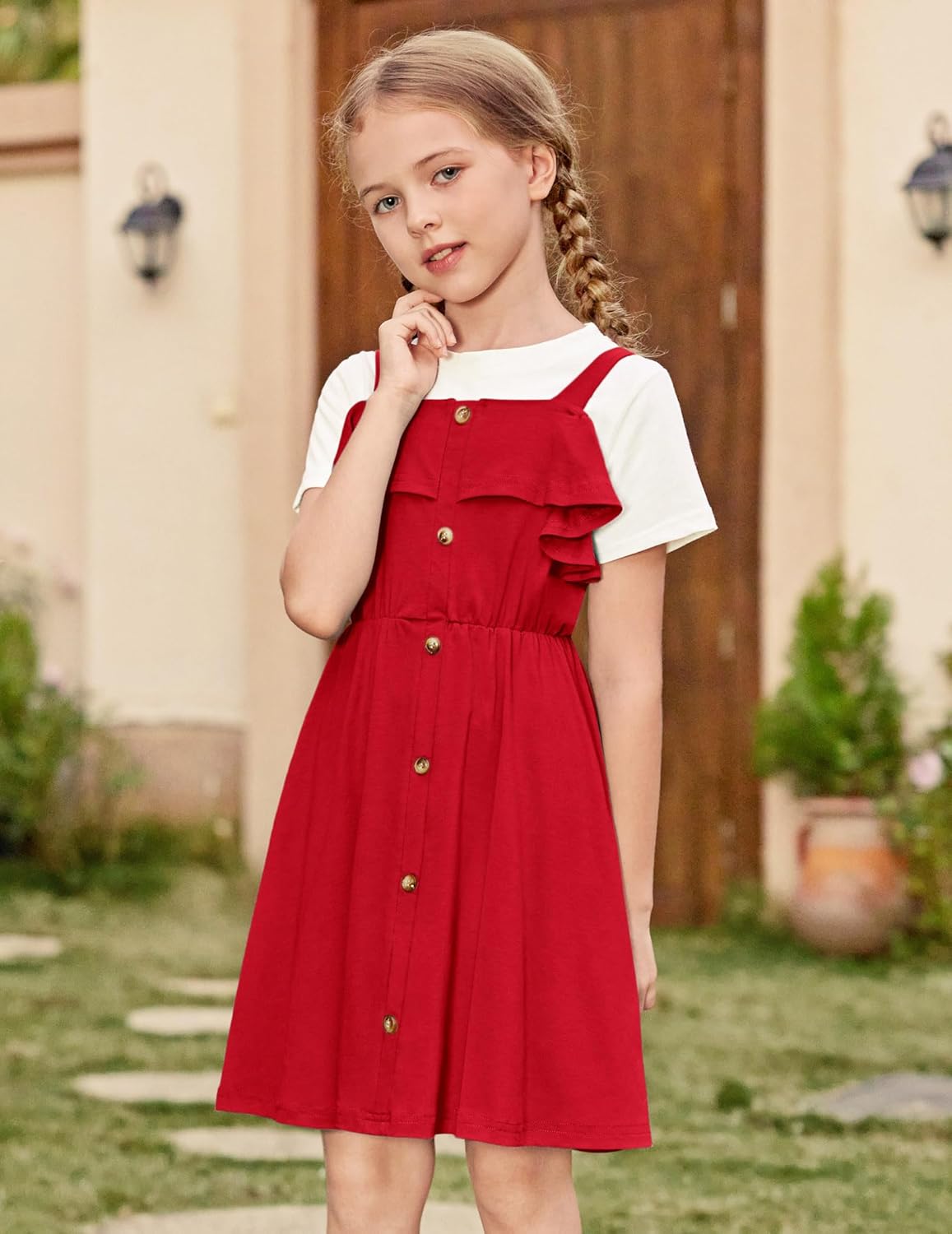 Arshiner Girls Dresses Summer Spaghetti Strap Cold Shoulder Ruffle Button Down A Line Dresses - Image 7