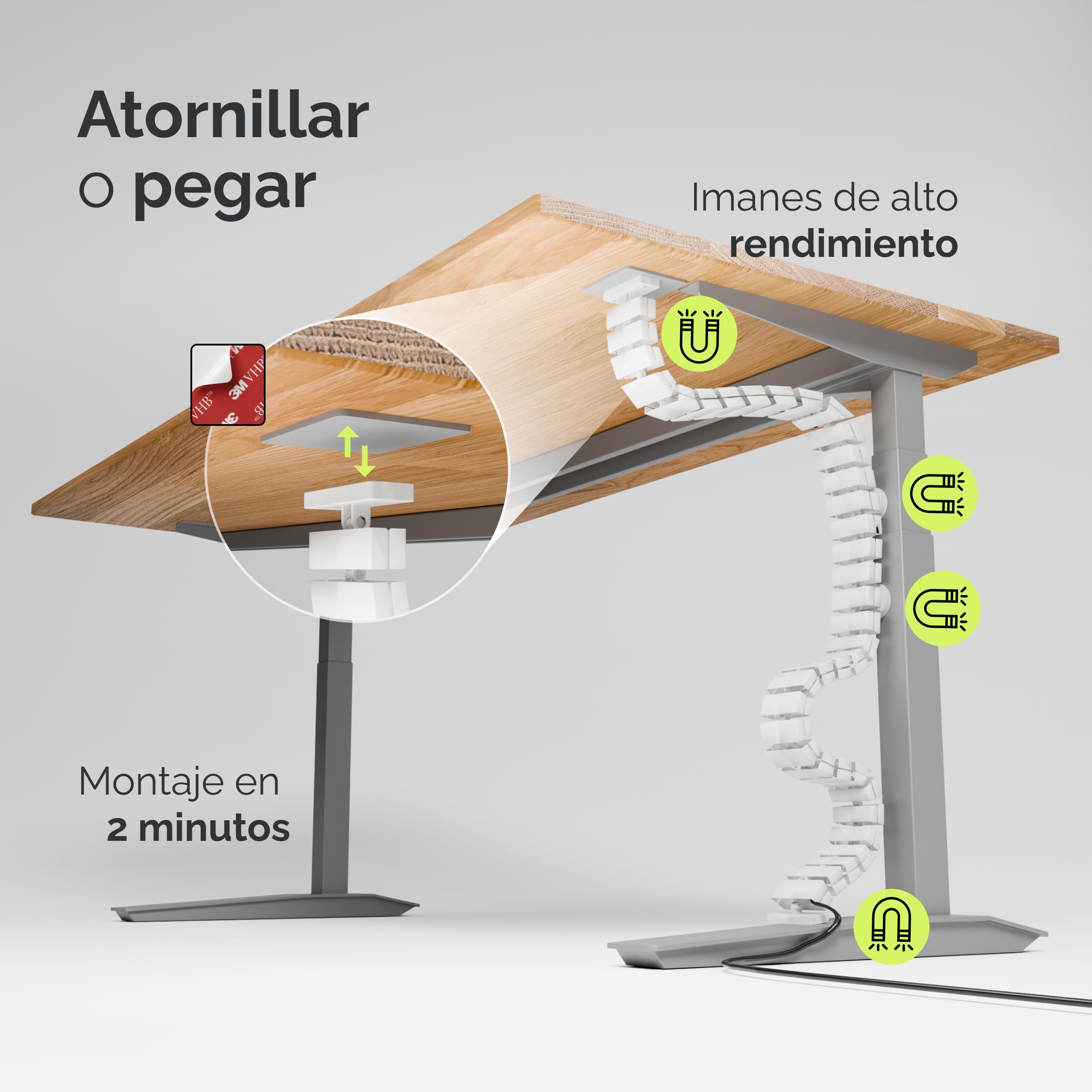 VALU Organizador de Cables Escritorio Premium – Cable Management 128 cm Flexible para Escritorio Regulable – Montaje con Tornillos o Adhesivo – 4 imanes y 3 organizadores incluidos