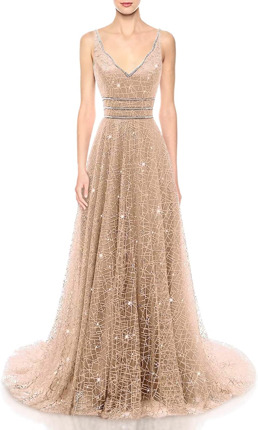 RJOAM Women's Long Deep V-Neck&Back Evening Gown