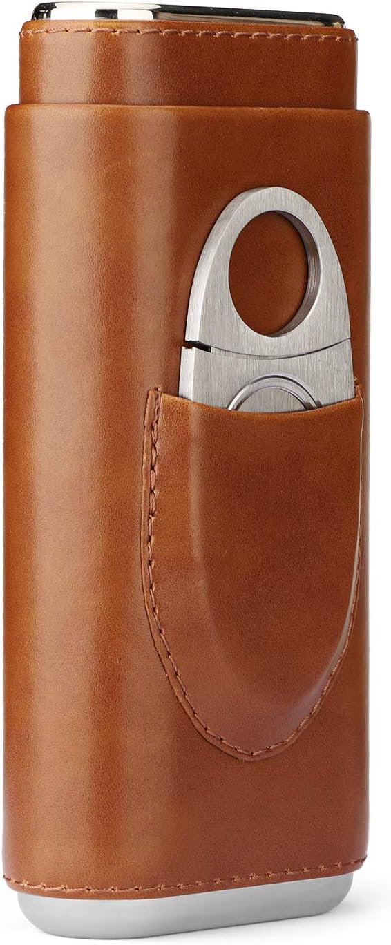 Time C club M Cigar Case Travel 3- Finger Elegant Leather Cigar Case with Cedar Wood Lined Cigar Cutter