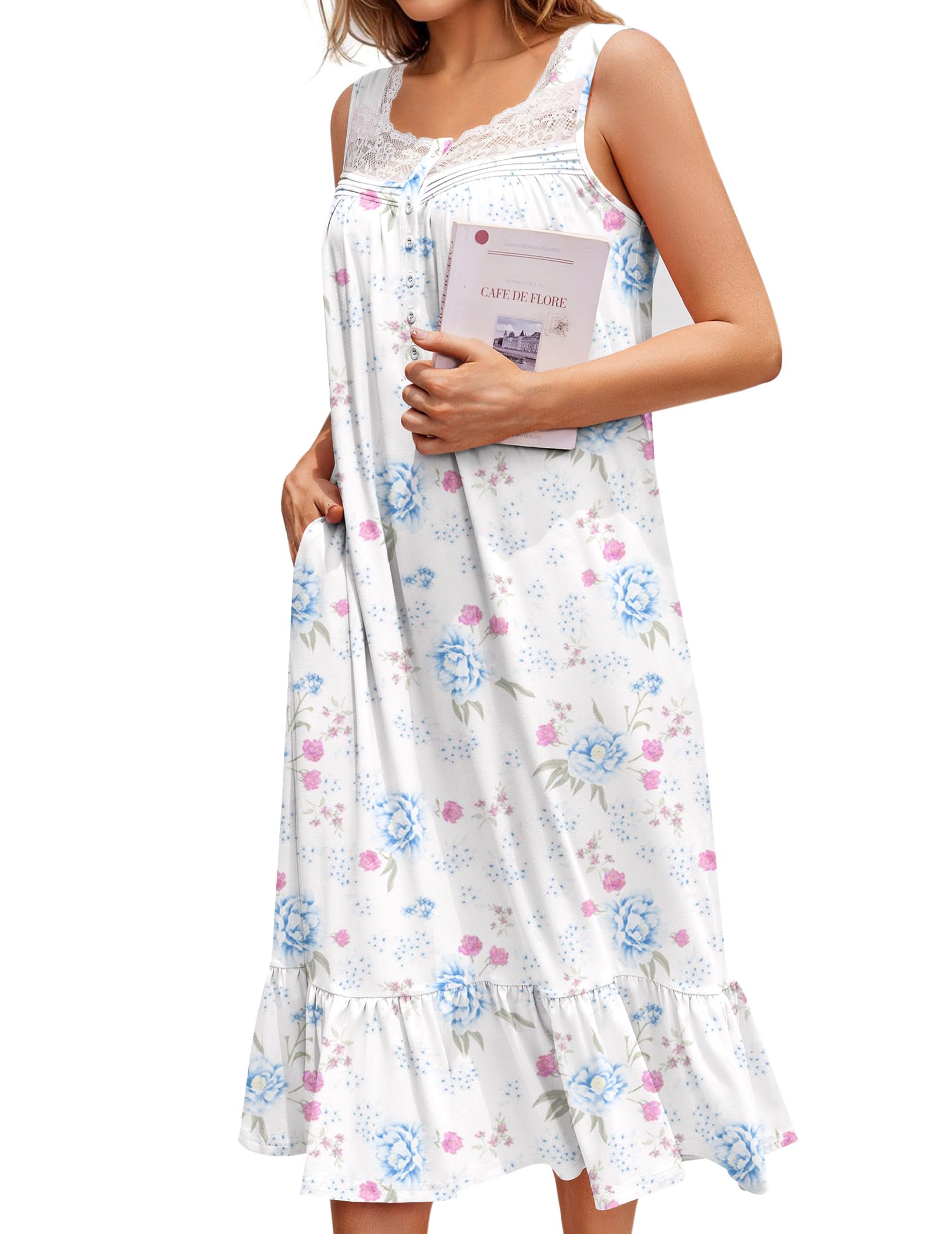 Ekouaer Nightgowns for Women Sleeveless Night Gown Victorian Sleep Shirt with Pockets Ladies Pajamas Lace Trim Sleepwear