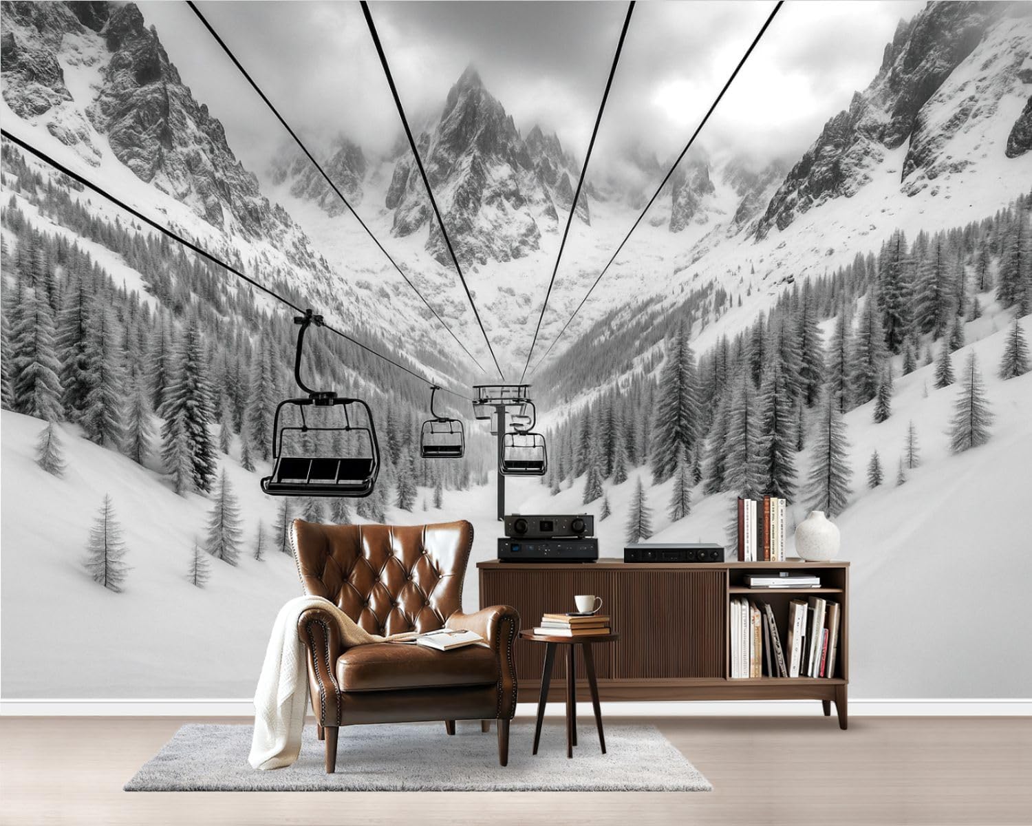 Peel and Stick Wallpaper Wall Murals Chair Lift Ski Resort Snowy Mountains Nice Sunny Day Snow Covered Pine Self Adhesive Removable Canvas Wall Stickers for Living Room Kids Bedroom 100''x144''
