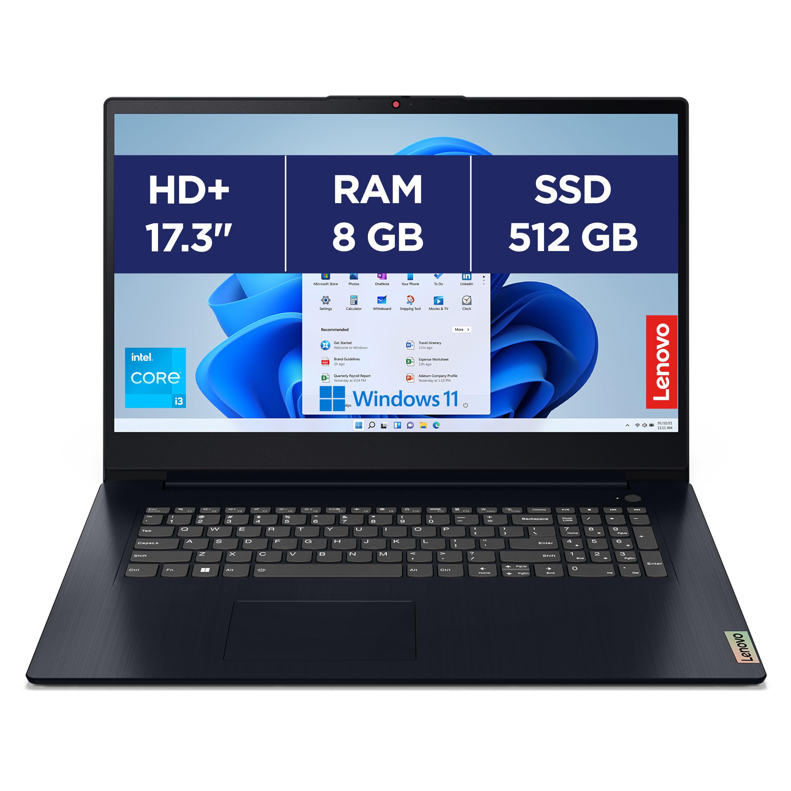 Lenovo IdeaPad 3 17IAU7 - Ordinateur Portable 17.3'' HD+ (Intel Core i3-1215U, RAM 8Go, SSD 512Go, Intel UHD Graphics, Windows 11 Home) Clavier AZERTY Français - Bleu