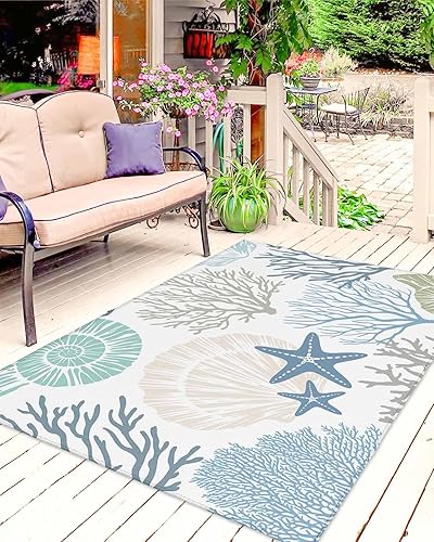 Coastal Outdoor Rug for PatioDeckPorch, Summer Beach Blue Teal Coral Non-Slip Large Area Rug 4x6 Ft, Sea Nautical Starfish Indoor Outdoor Rugs