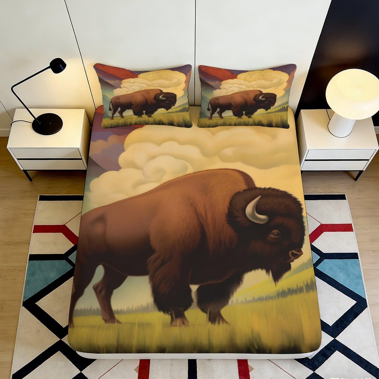 3D Printed Buffalo Prairie Fitted Sheet Microfiber Soft Western Grassland Bed Cover for Bedroom Dorm Decor 90x200x25cm