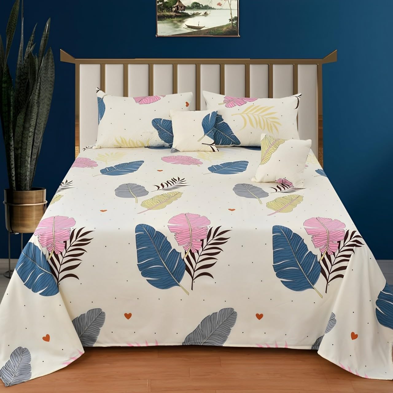 Premium Collection 220 TC Bedding Set Cream Color Leaf Print Double Bed Flat bedsheet(90X 100 Inches) with 2 Pillow Cover and 2 Filled Cushions with Quilted Cover (5 pcs Set)| Cream