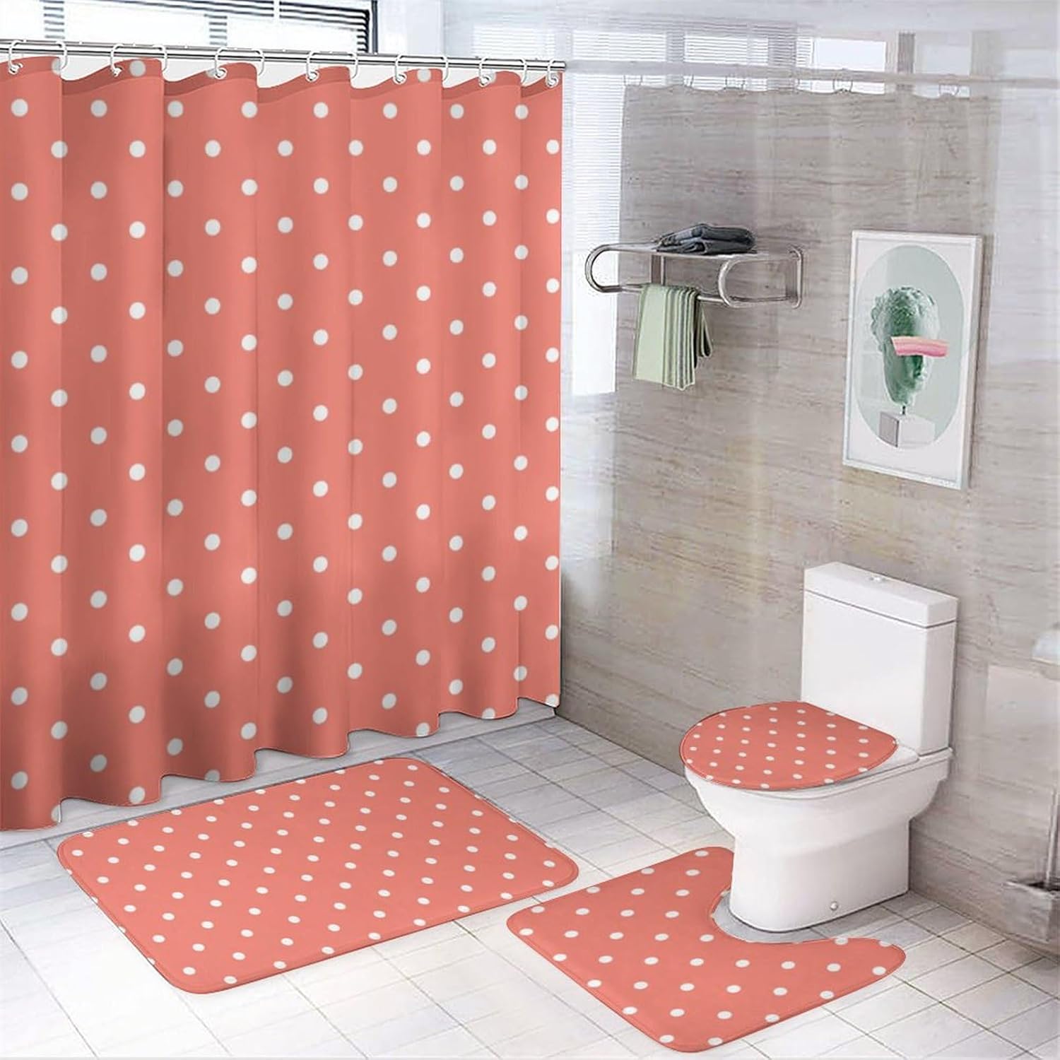 4 Pieces Shower Curtain Sets, Polka Dot Coral White Bathroom Sets with Shower Curtain & Rugs, Bathroom Decor Rug Toilet Lid Cover & Non-Slip U Shape Mat
