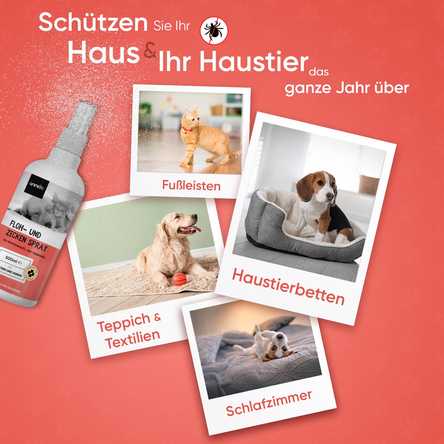 Floh & Zeckenschutz für Hunde & Katzen - Floh & Zeckenspray - Natürliches Flohmittel für Wohnung & Möbel - 500ml Zeckenschutz mit Pfefferminz & Rizinusöl - Flohspray - Anti Milben Spray - animigo
