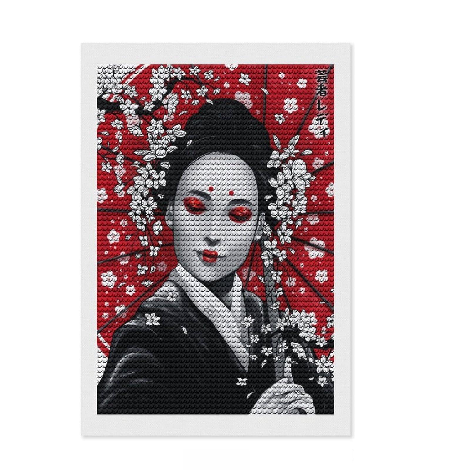 Junmoney Japanese Geisha Ink Wash Round Drill Diamond Painting 8"x12", Festive Craft Gift, for Craft Lovers, Adhesive Canvas, Living Room Decor