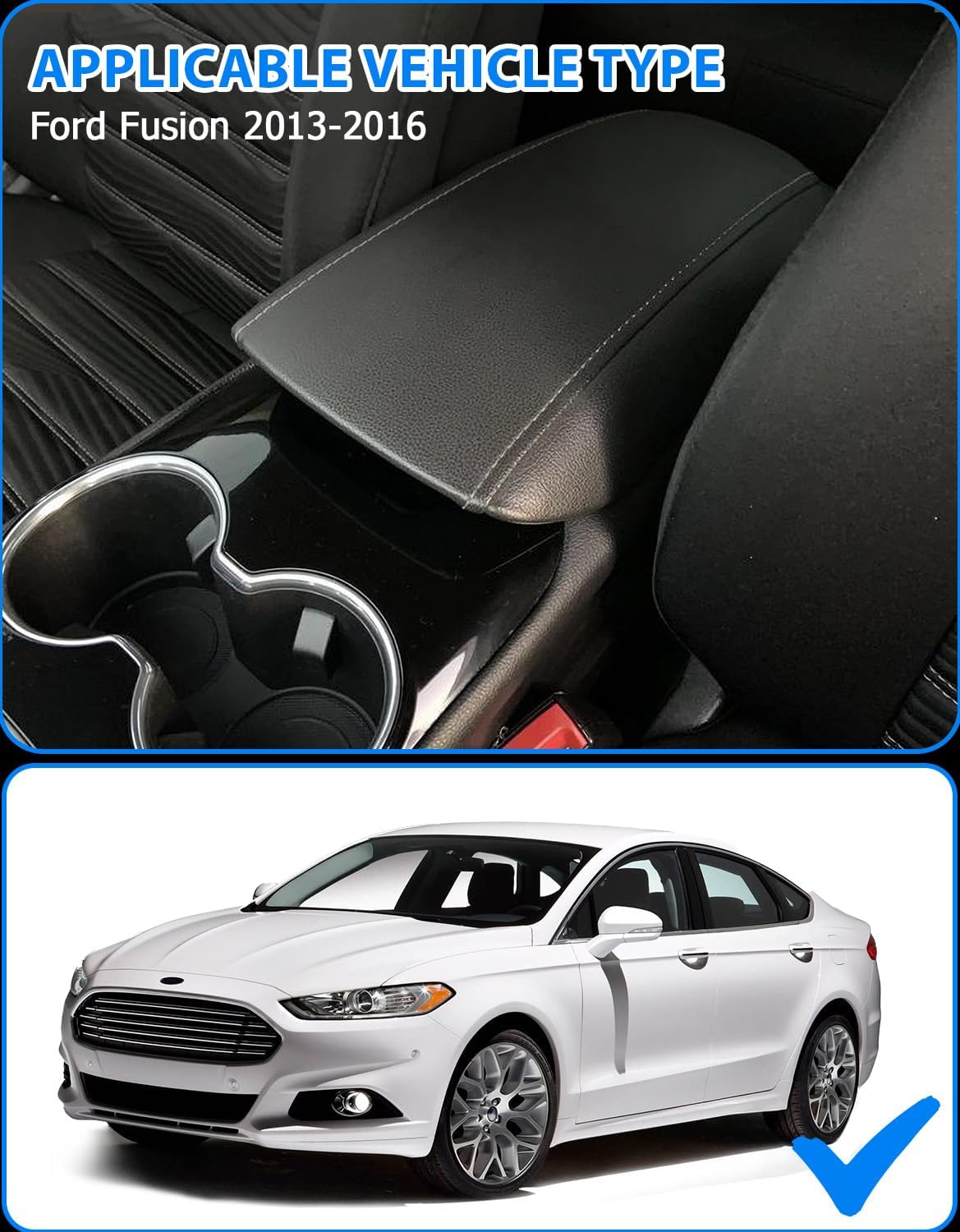 Center Console Cover for Ford Fusion 2013 2014 2015 2016, Vinyl Leather Middle Console Armrest Protector, Anti-Scratch, Black