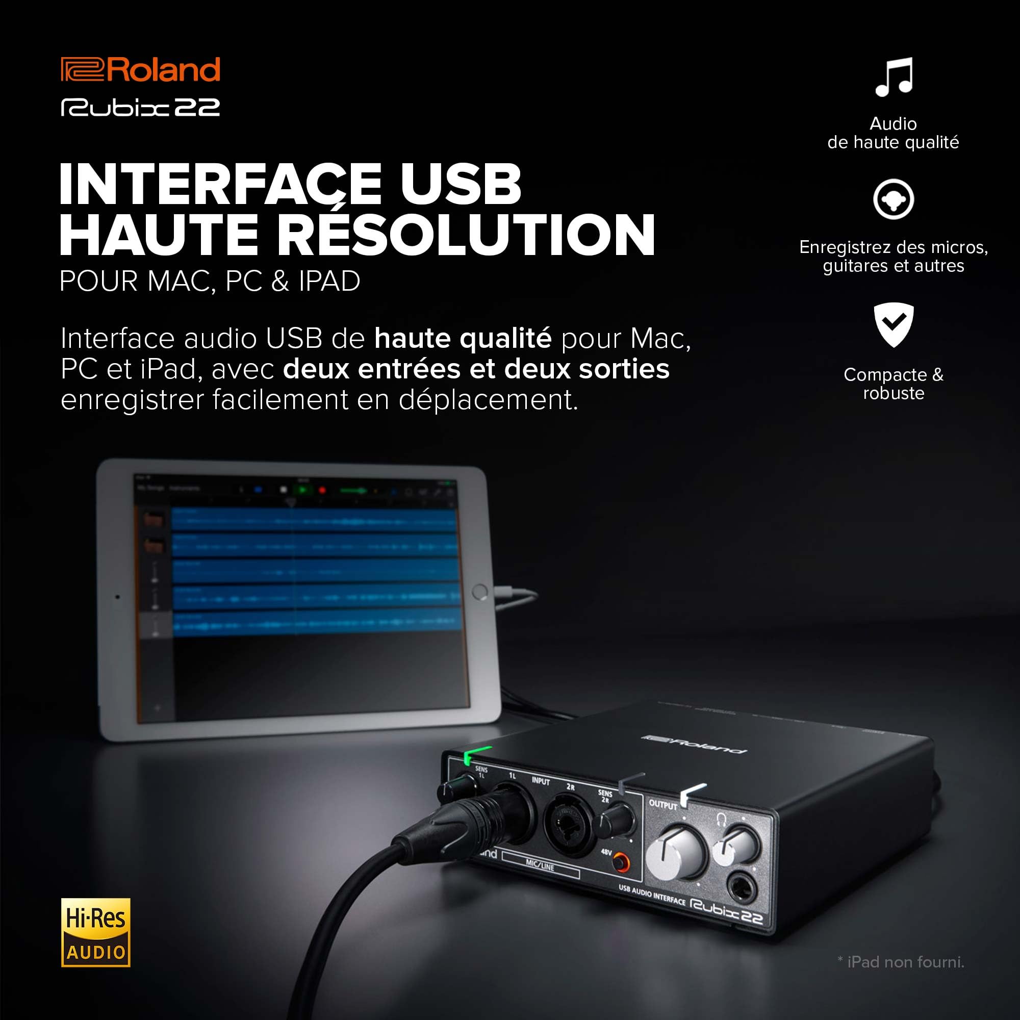 Interface audio USB Roland Rubix22 2 In-2 Out | Son haute résolution | Enregistrement de micros, guitares, claviers et autres | Compacte & robuste | Compatible Mac, PC & iPad