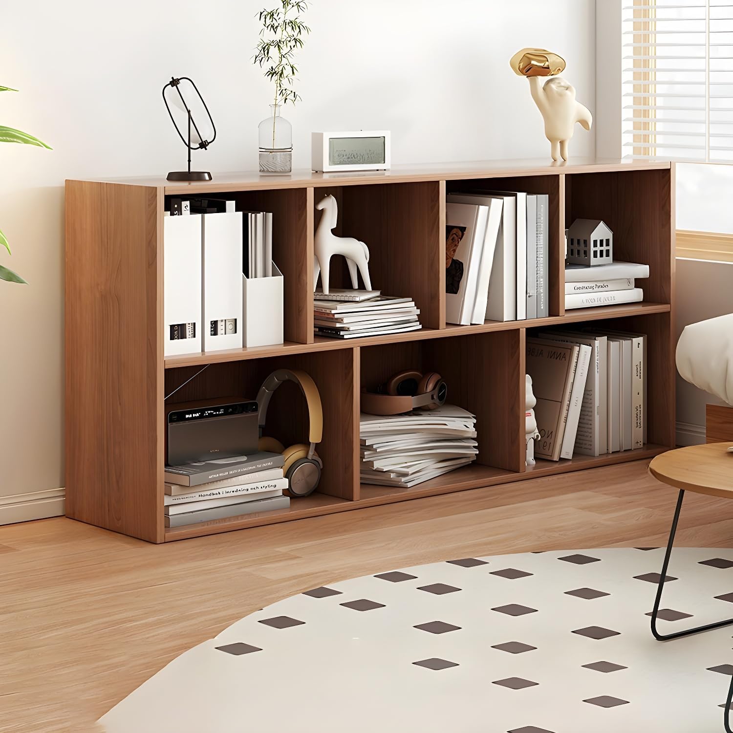 LITFAD Wood Modern Cube Bookcase with Closed Back and Multiple Shelves Floor Storage Cabinet for Home Office Study Room Library - Nut-Brown 47.2" L x 9.4" W x 23.6" H