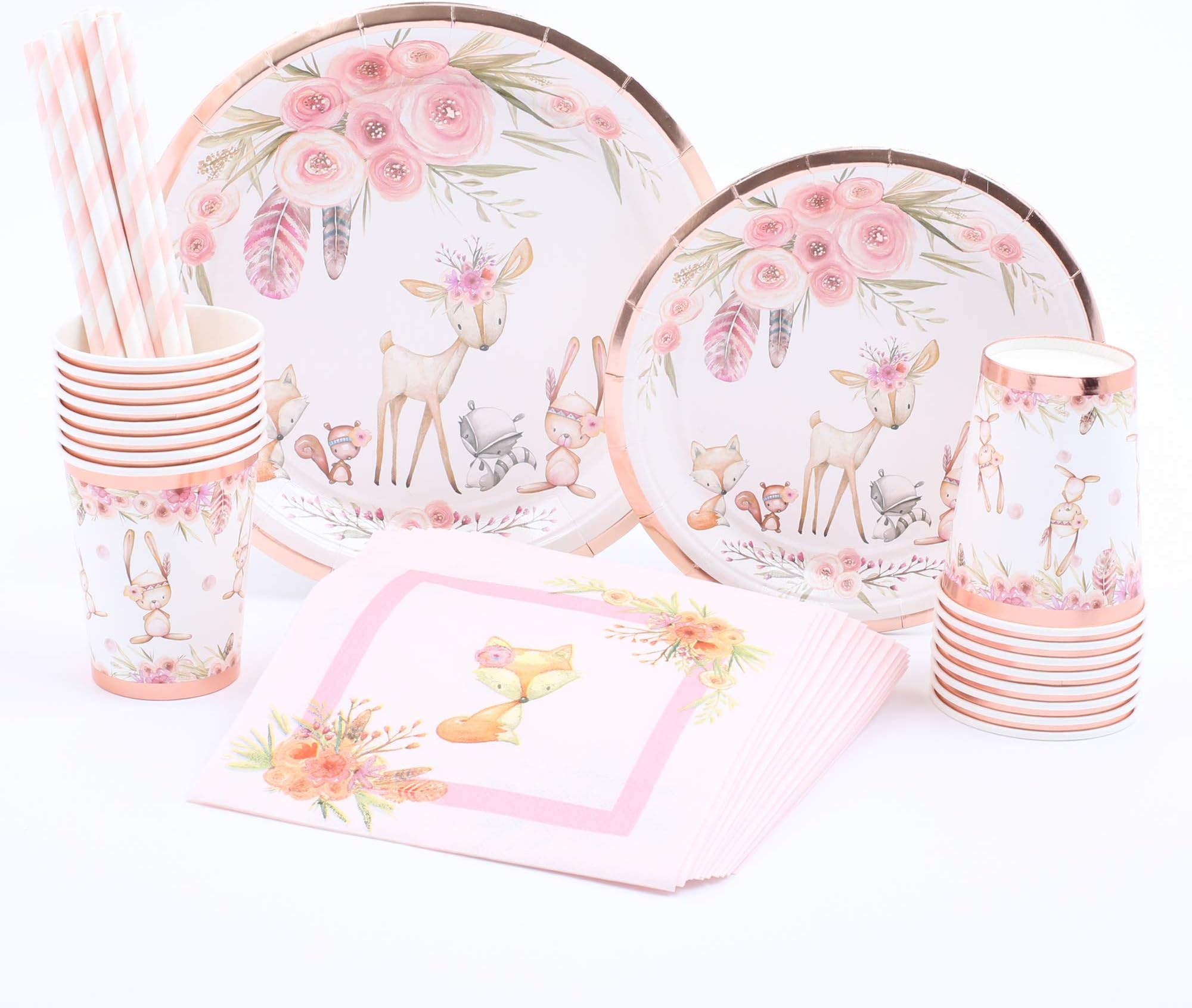 Woodland Creatures Baby Shower | Stunning Real Rose Gold Foil | Serves 16 | Woodland Party Supplies | Woodland Baby Shower or Birthday for Little Girl