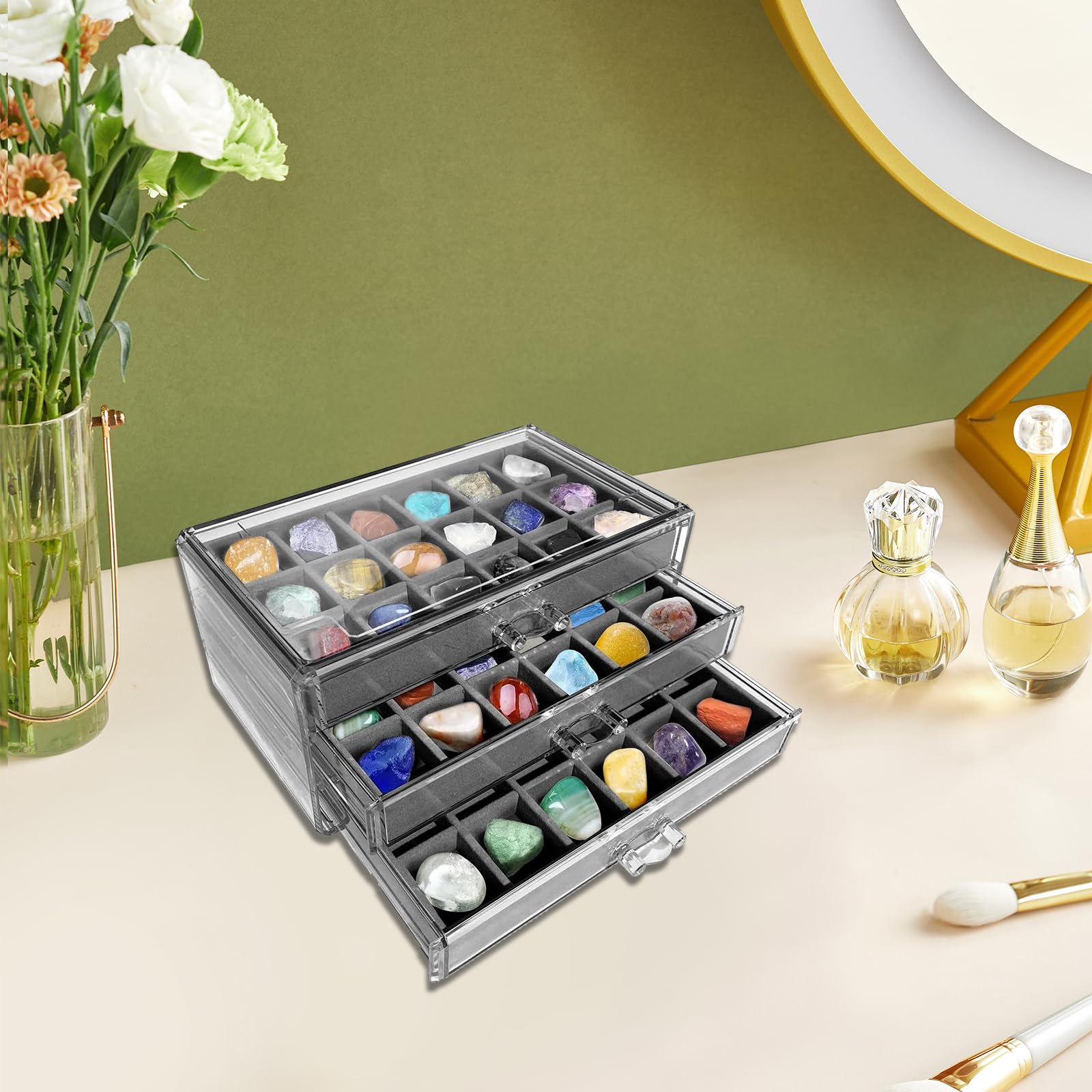 Expositor De Piedras Preciosas, 54 Compartimentos De , 3 Capas De Acrílico Para Piedras, Conchas, Miniaturas, Recuerdos
