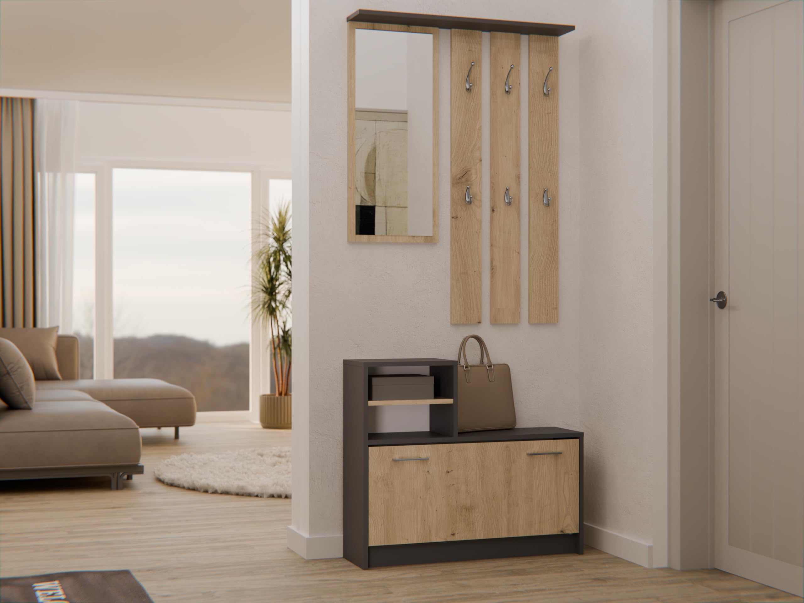 CDF Ensemble Meubles Entrée Complet Vestiaire Miroir Porte-Manteaux Mural 6 Crochets Armoire à Chaussures 9 Paires Rangement Couloir Moderne Compact Placard 85 x 24 x 180 cm Chêne Artisan Anthracite