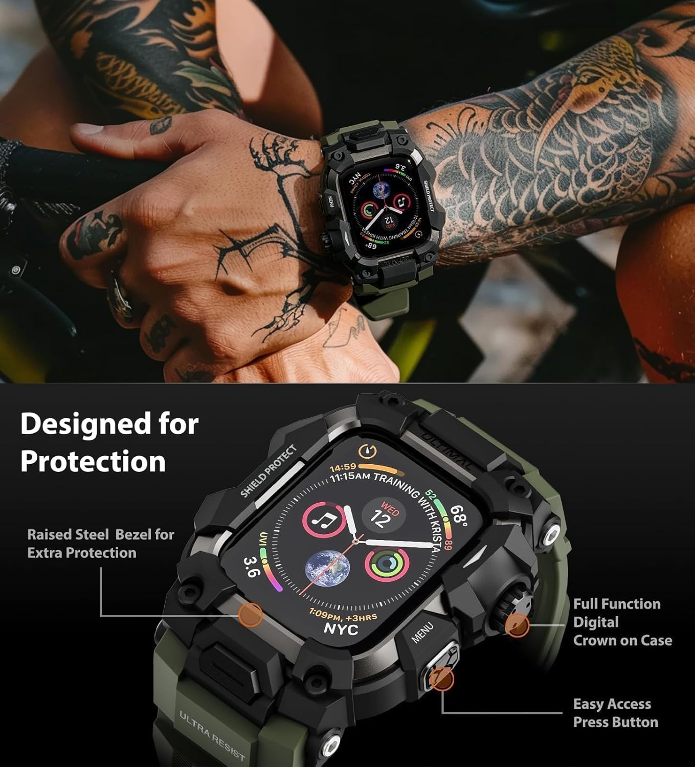 ULTIMAL Rugged Case with Band for Apple Watch 44mm,Compatible with Apple Watch Series SE 3/SE 2/SE Generation/6/5/4, Military Grade Shockproof Bumper Cover for iWatch Tactical Band Men (Army Green, 44mm) - Image 3