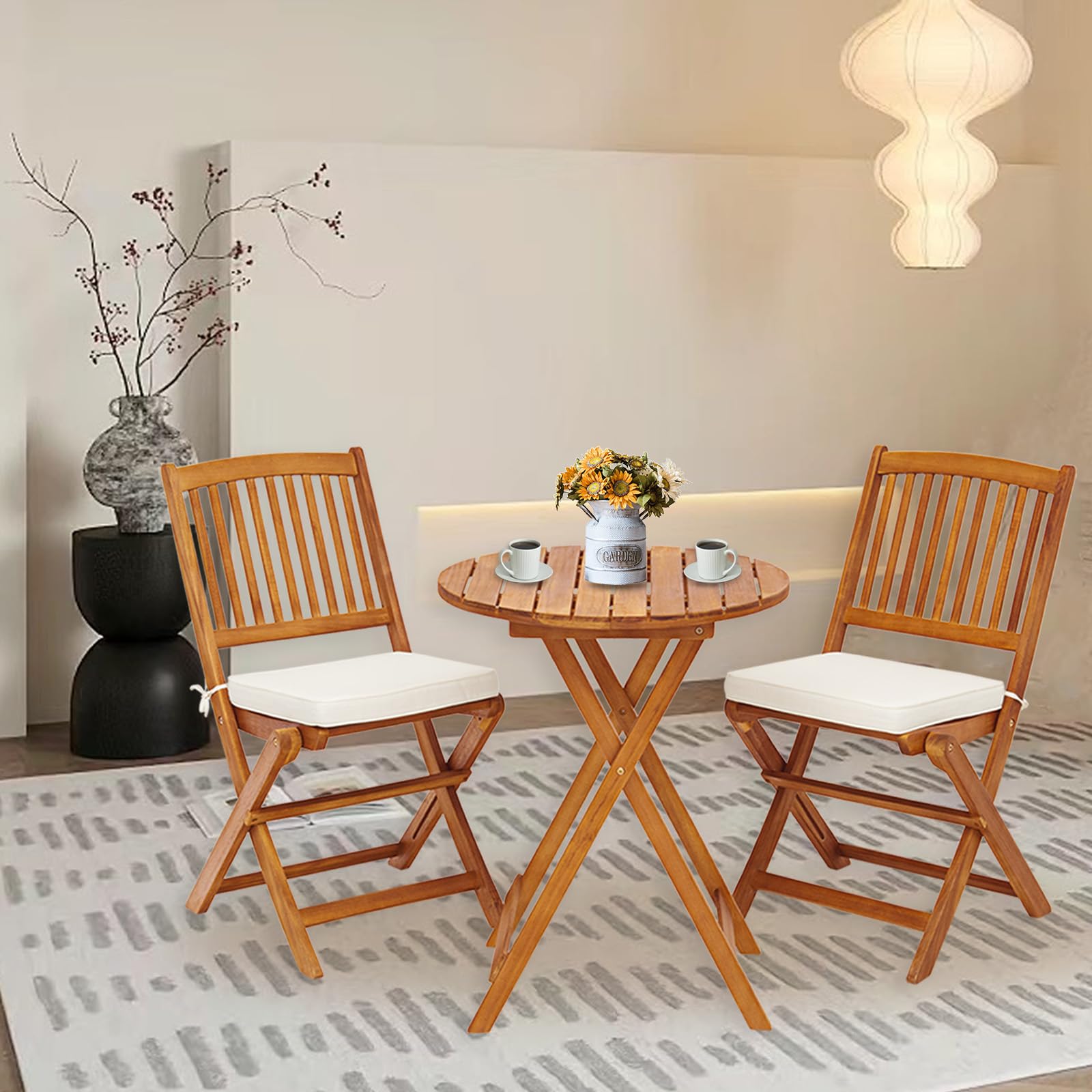 LIFEZEAL Set da Bistrò per Balcone Pieghevole, Set di Mobili da Esterno, 3 Pezzi, Set Tavolo e Sedie da Giardino con Cuscino Imbottito in Legno di Acacia, Tavolo Portato 80kg, Sedie Portate 160kg