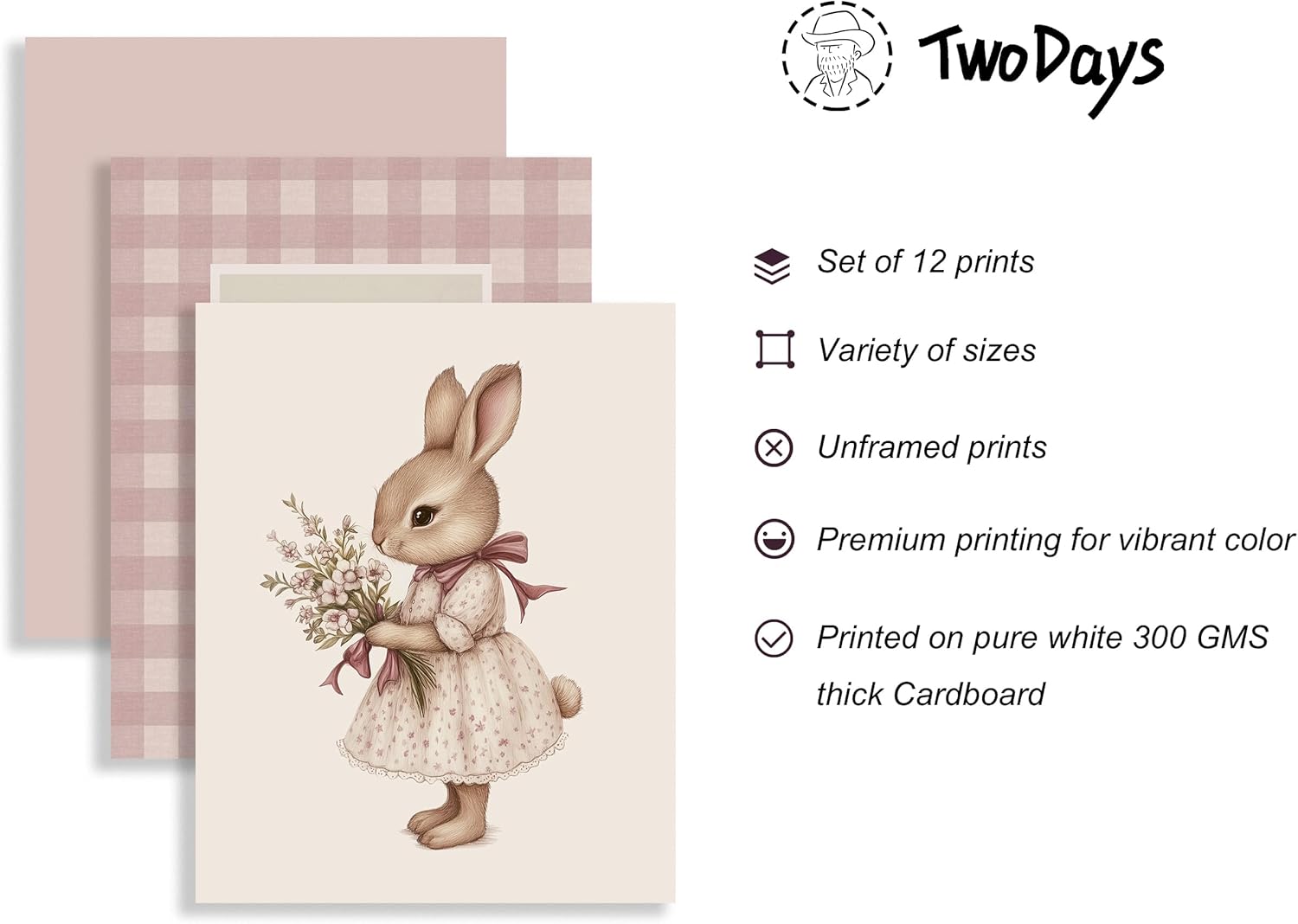 TwoDays Vintage Nursery Decor for Baby Girls, Pink Rabbit Bunny Wall Art for Toddler Kids Playroom, Swan Animals Posters for Bedroom (Multi Sizes, Set of 12, 8 × 10 Largest, UNFRAMED) image 3 of 7 B0DWDZ4GN4