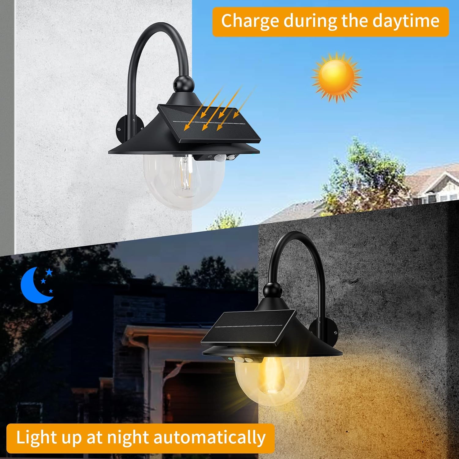 Solar Lantern Lights Outdoor Retro Solar Barn Light with 3 Lighting Modes&Outdoor Solar Wall Lights Fixtures,Exterior Solar Wall Lantern Lights with Clear Panels,Wall Mount Motion Sensor