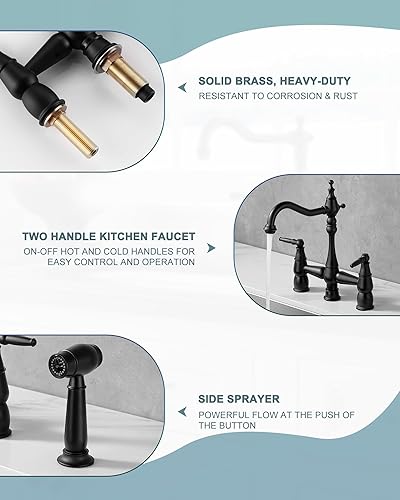 Miniatura 2 de ALEASHA Grifo de cocina con rociador lateral, 4 agujeros de latón para cocina, juego central de 2 manijas, grifo vintage de 8 pulgadas para