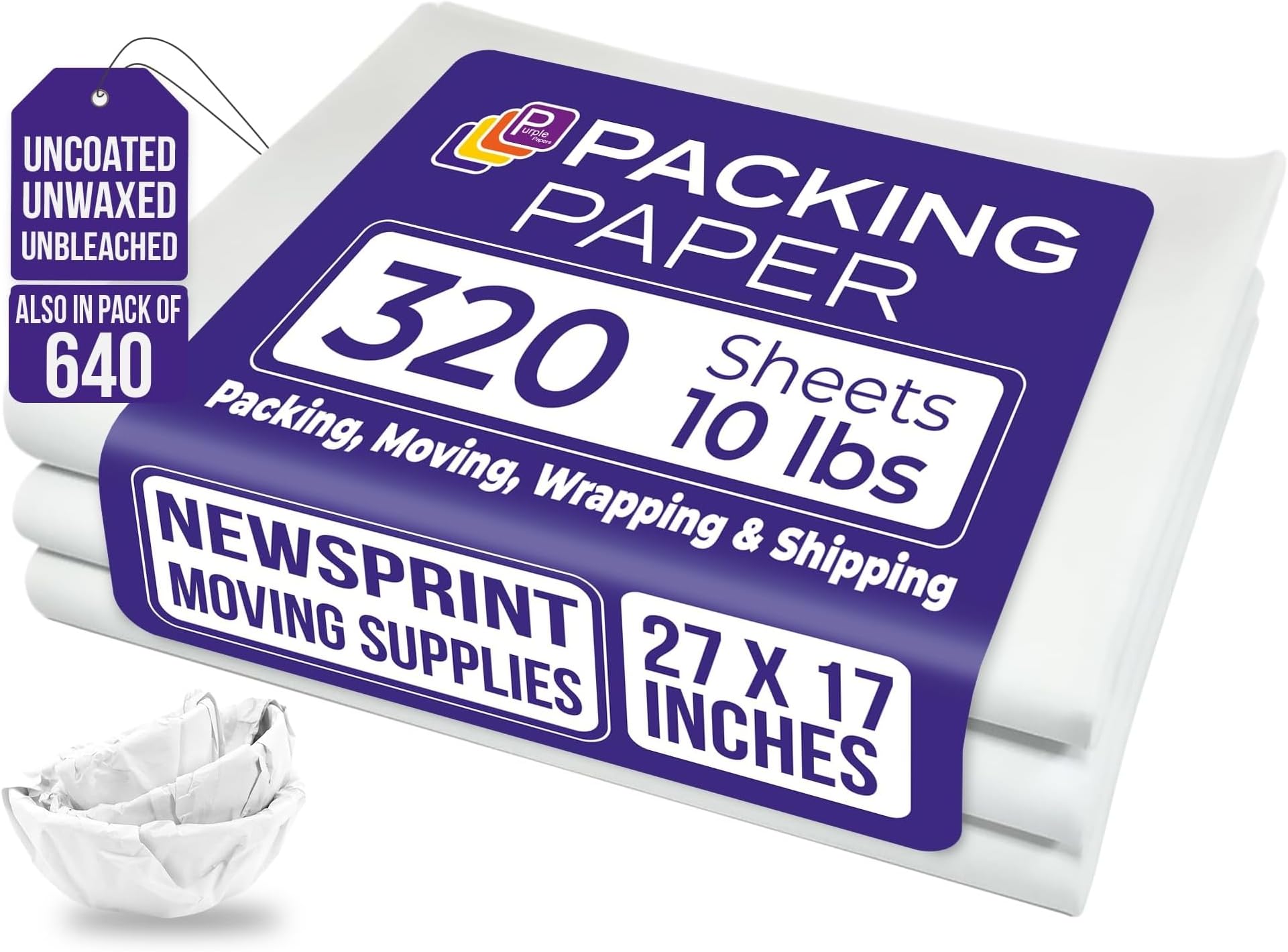 Purple Papers White Bulk Packing Paper | 320 sheets | 27" x 17" | 10 lb | Sheets for Moving - Newsprint Paper - Must Have in Your Moving Supplies | Newsprint Papers | Packaging Paper