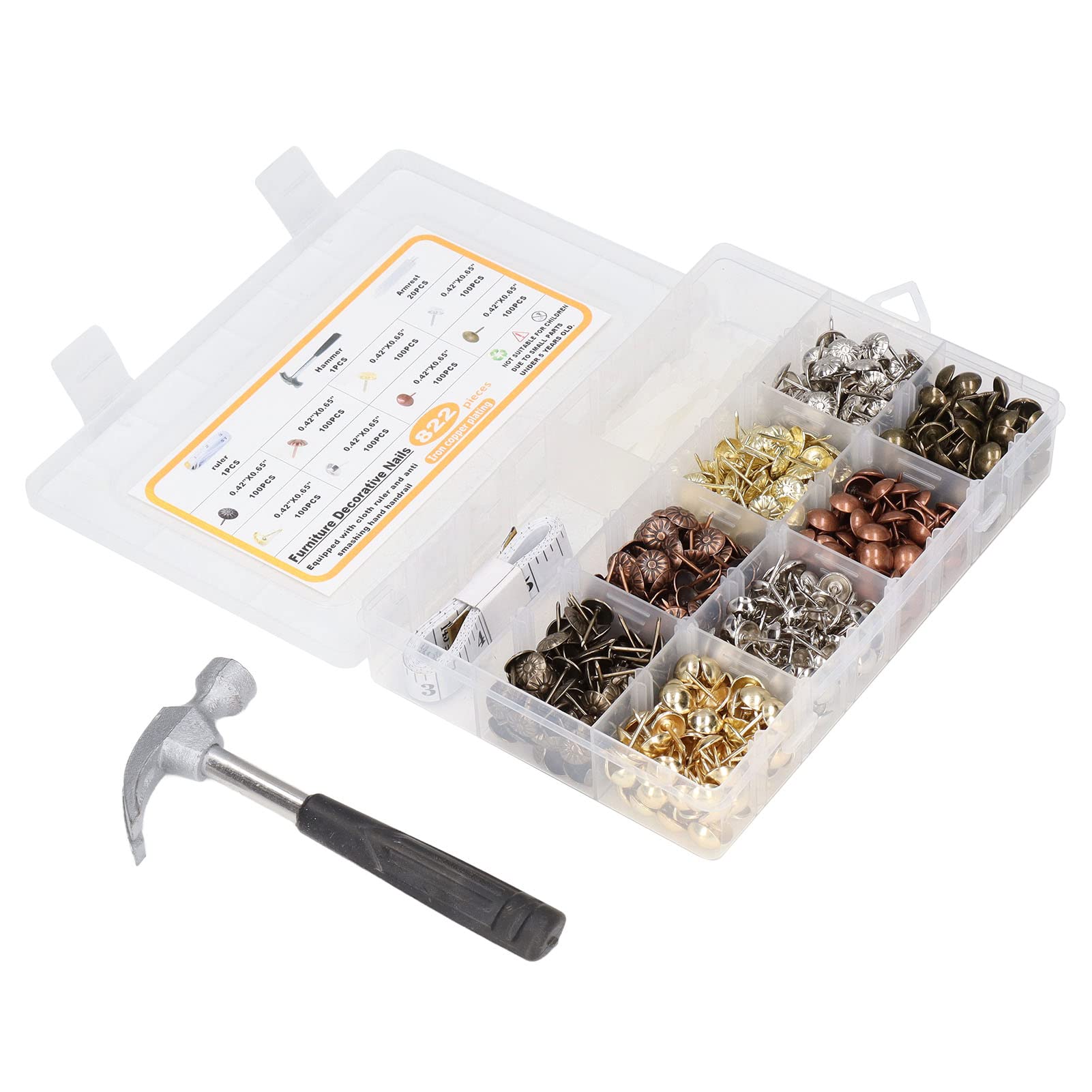 Chiodi decorativi per mobili in acciaio al carbonio a 8 colori, 822 pezzi, con staffa per martello e righello in tessuto