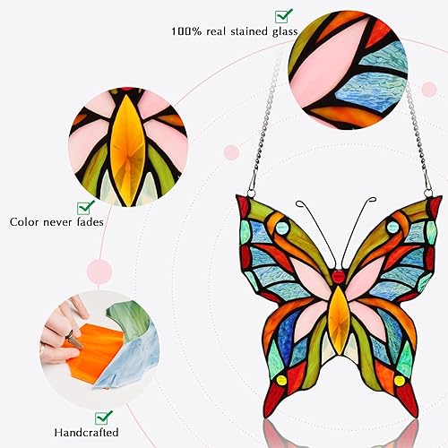 Miniatura 4 de Kleeglee Colgantes de ventana de vidrieras de mariposa, hecho a mano, atrapasoles con mariposas y vidrieras para decoración de ventanas (rosa)