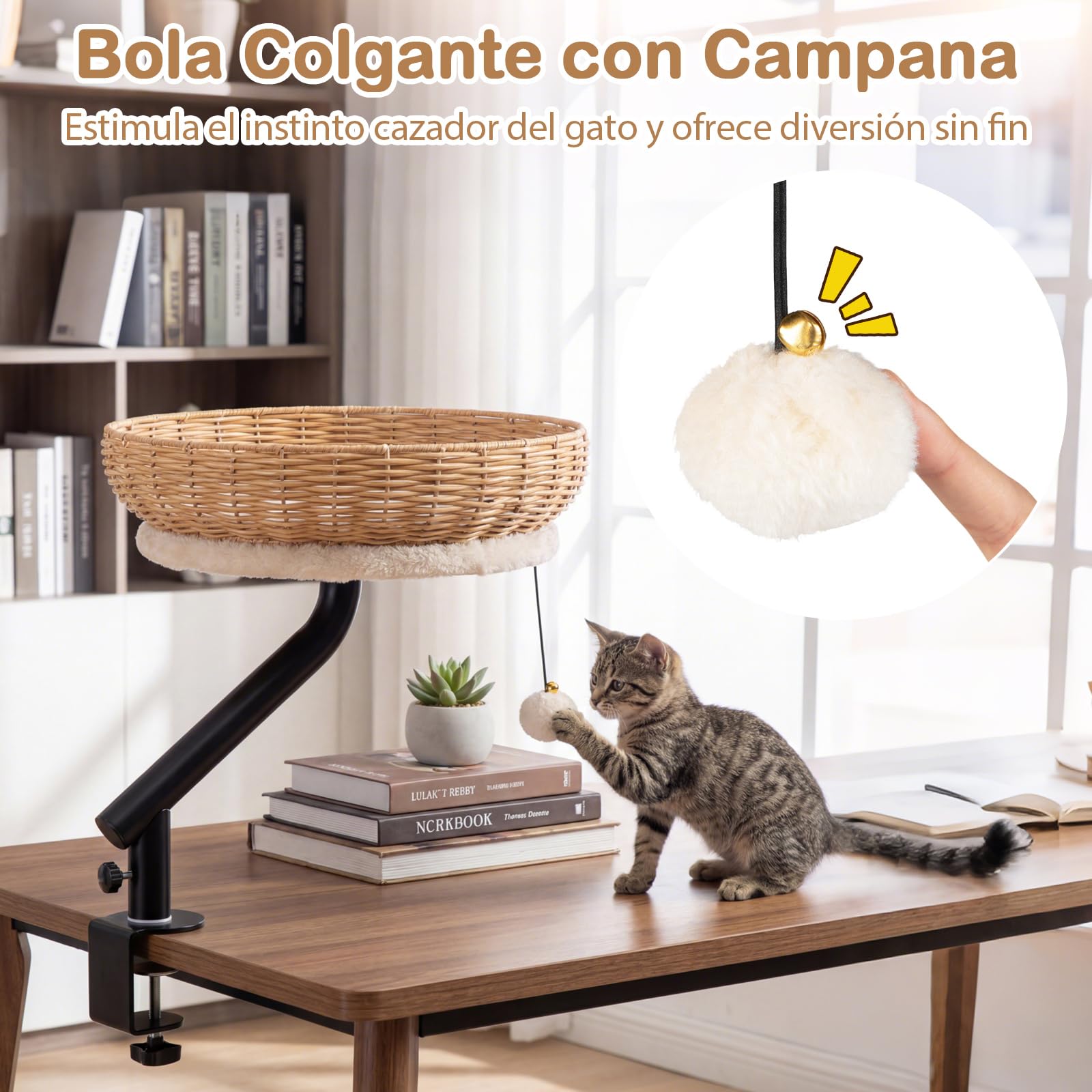 COSTWAY Cama Gato para Escritorio, Hamaca para Gatos Giratoria de 360° de Ratán con Cojín Extraíble y Bola Colgante, Cama para Gatos, Nido Suave para Mascotas para Oficina, Hogar, sin Taladrar