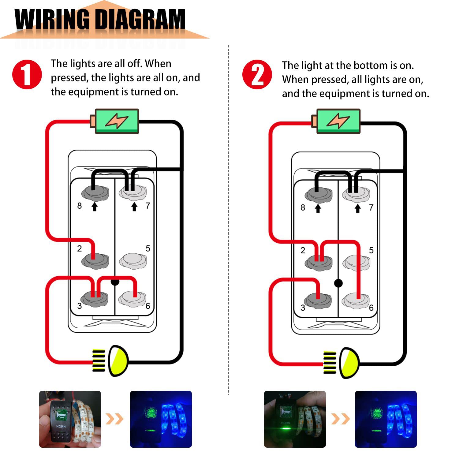 Twidec/Momentary Horn Rocker Toggle Switch SPST 5 Pin 20A 12V 24VDC ON Off Blue LED Light Push Button Switch Bar Car with Jumper Wires Set A11625B-BU-X