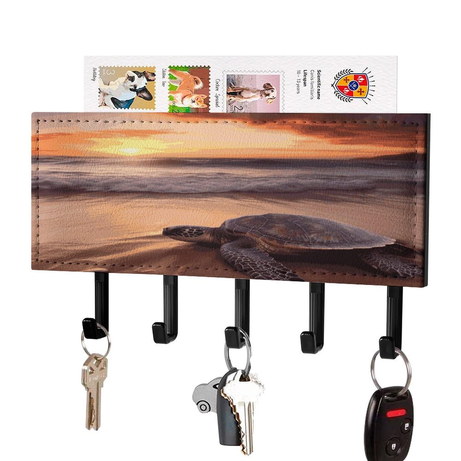 Fekiloot Black-Style Sea Turtle Sunset Key Holder Wall Mount Key And Mail Holder Key Hanger With 5 Hooks Decorative Pu Key Rack Hanging Key Hooks For Wall Living Room Kitchen Bathroom Hallway
