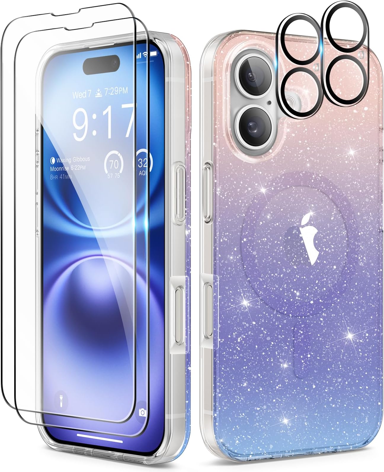 BERFY 5 in 1 Compatible with iPhone 16 Case Glitter, with 2X Screen Protector + 2X Camera Lens Protector, [Non-Yellowing] Clear Sparkle Slim Shockproof Hard Phone Cover for Women 6.1", Gradient