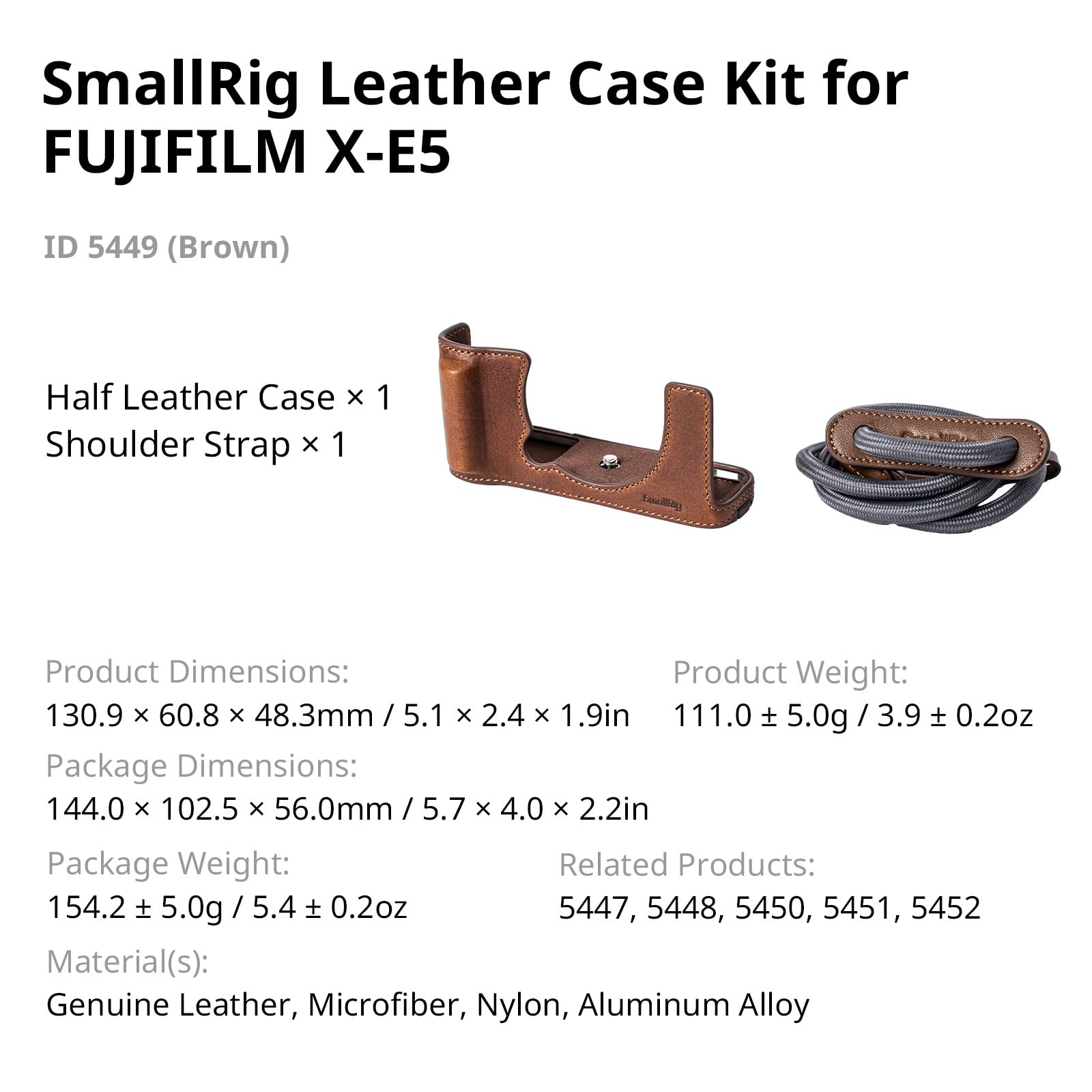 SMALLRIG Zestaw skórzanych futerałów do FUJIFILM X-E5, Vintage Half-Body Shell do FUJIFILM X-E5, z paskiem na ramię (brązowy) - 5449
