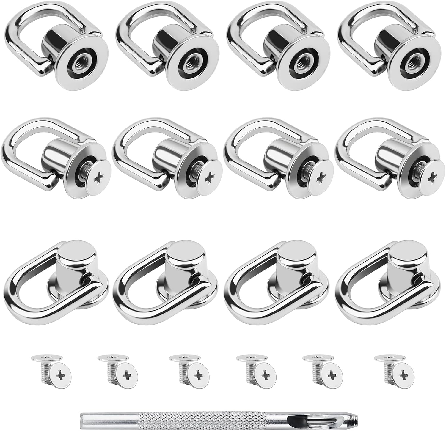 12 PCS D Rings for Purse Hardware with Hole Punch Tool - 360° Rotatable Purse Strap Hardware for Bag Making, DIY Leather Craft, Belt Accessories (Silver)