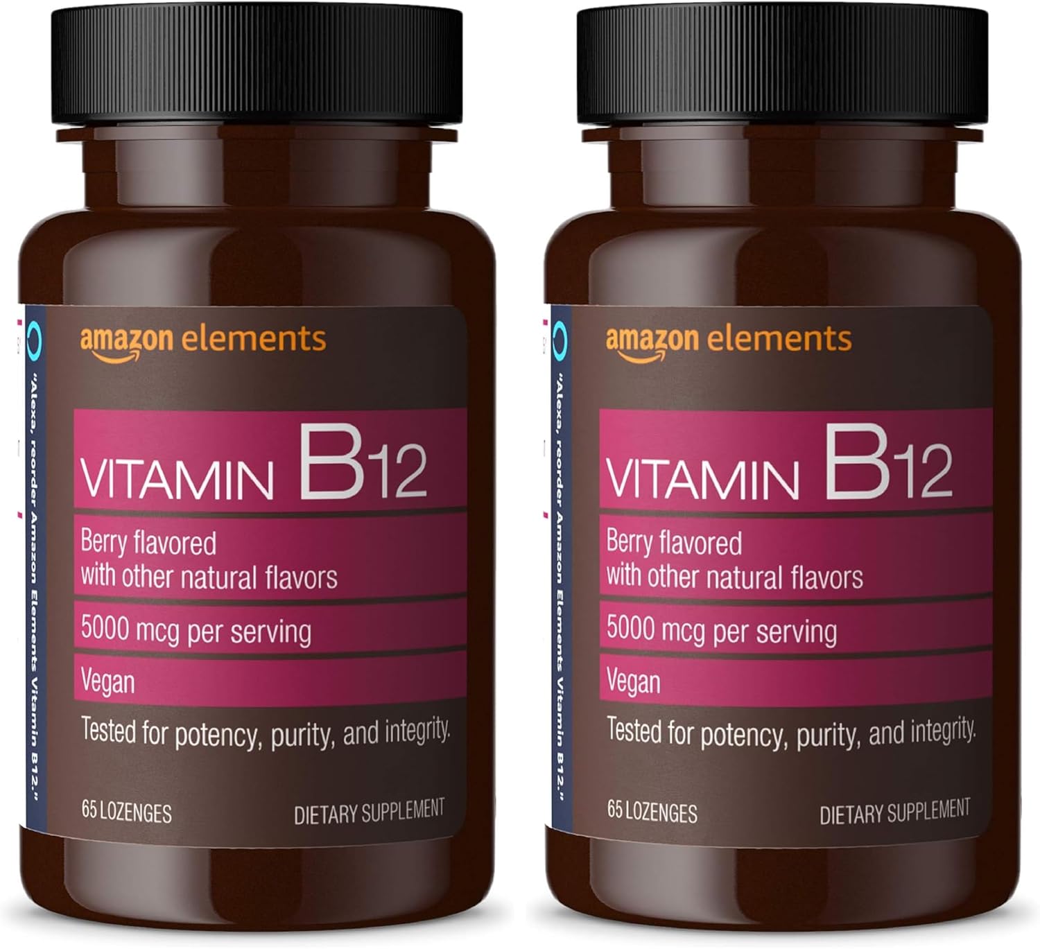 Amazon Elements Vitamin B12 Methylcobalamin 5000 mcg - Normal Energy Production and Metabolism, Immune System Support - 2 Month Supply, Berry Flavored Lozenges, 65 Count (Pack of 2)