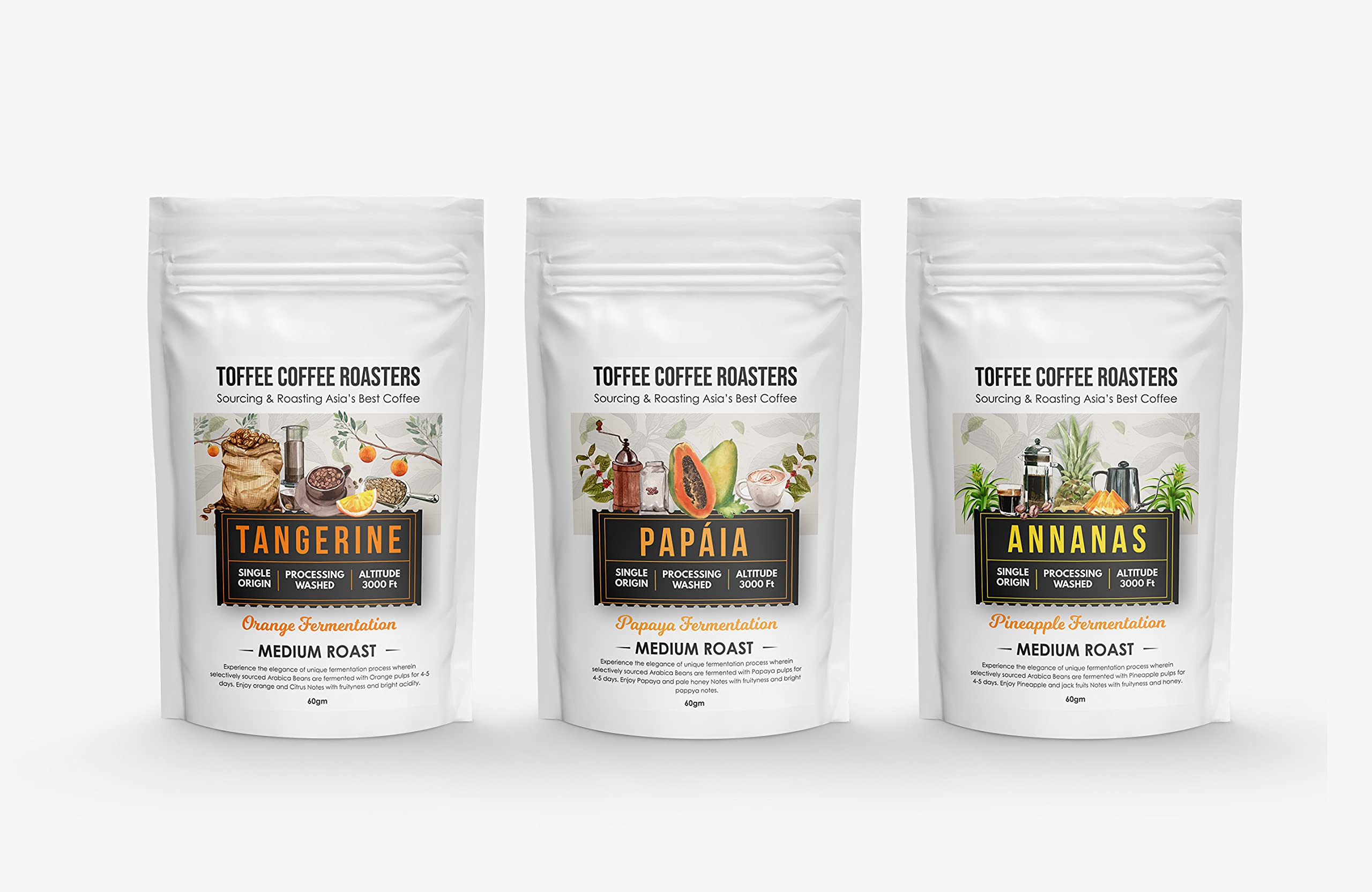 Toffee Coffee Roasters Ground Bag Fermented Medium Roasted Coffee Sampler Pack Combo - Pack of 3x60gm (Tangerine, Papaia, Annanas) - Frenchpress (B0943448YN) Amazon Price History, Amazon Price Tracker