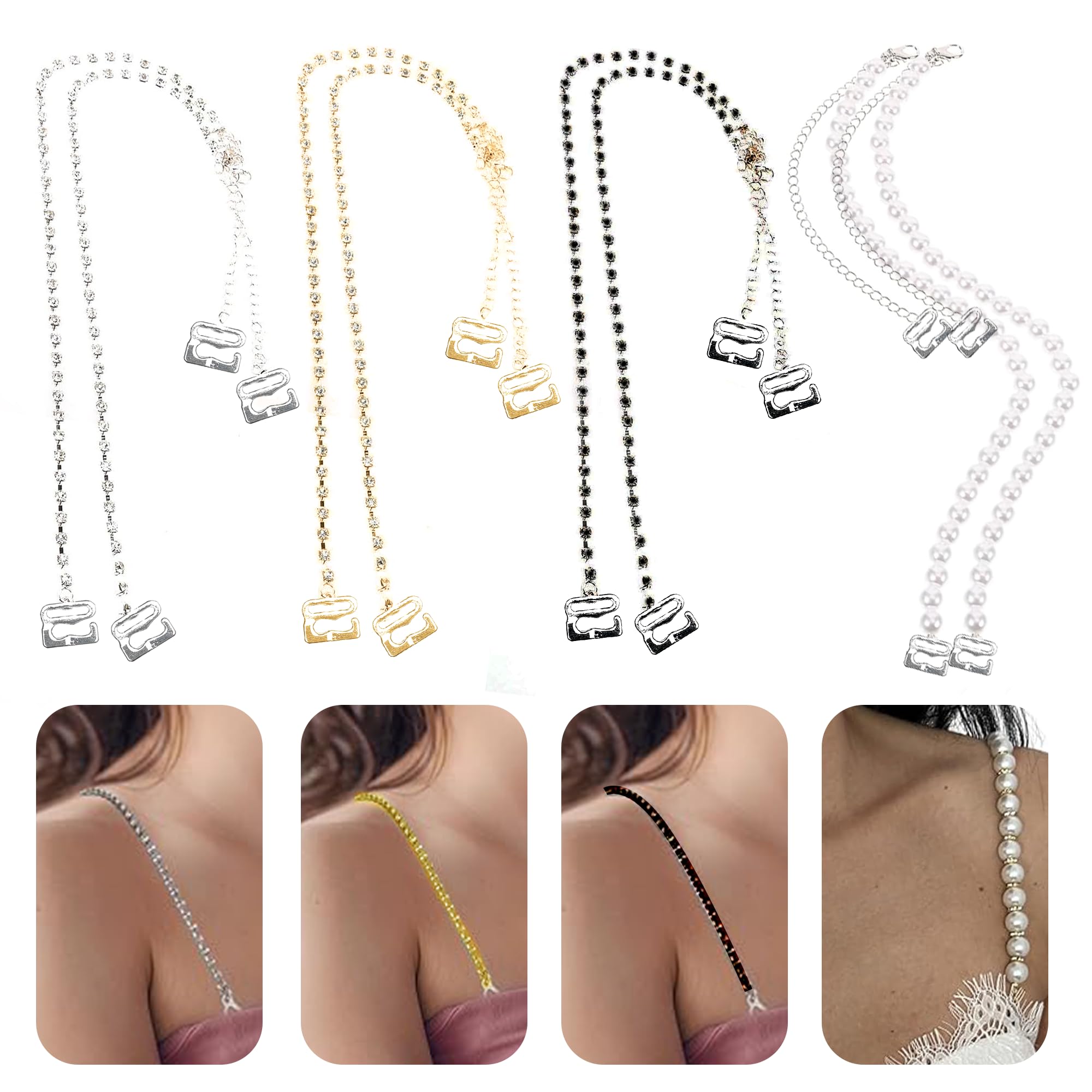 Elegant Adjustable Bra Straps - 4 Pc Set Fancy Pearl| Rhinstone Diamond in Black, Silver & Gold Color - Stylish & Comfortable - Perfect for Dresses & Tops