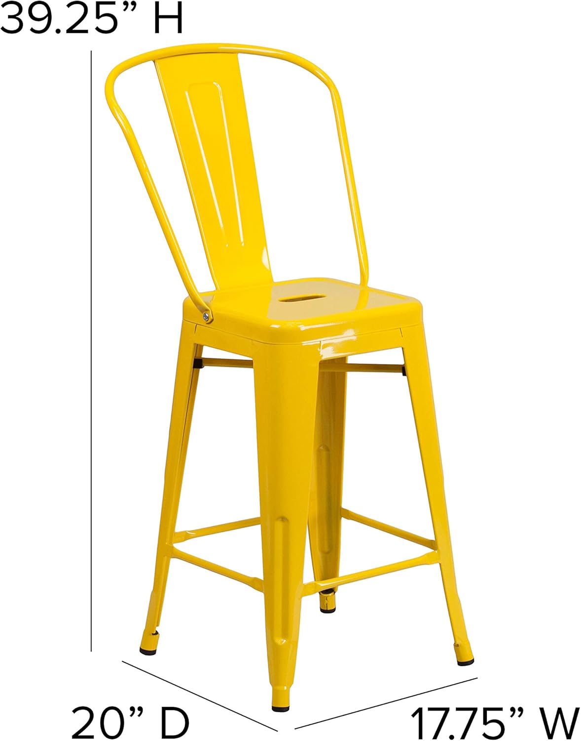EMMA + OLIVER Commercial Grade 24" H Yellow Metal Indoor-Outdoor Counter Height Stool w/Back