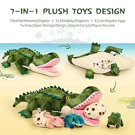 MorisMos Plush Alligator Stuffed Animal with Babies,23.6\'\' Mommy Stuffed Alligator with 3 Baby Crocodile Animals & 3 Plush Eggs,Lifelike Crocodile Toys for Kid 3-5 Birthday Decor