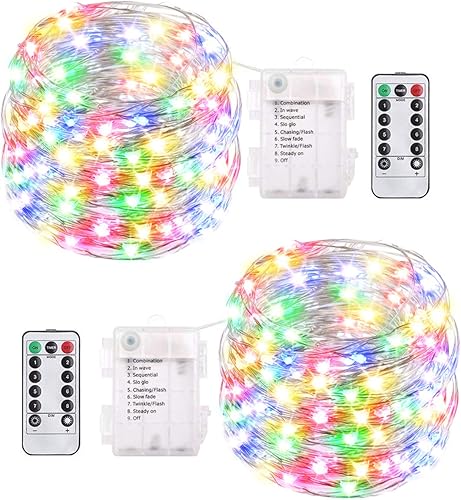 buways Paquete de 2 luces LED de 24.6 pies con control remoto, 8 modos de luces de alambre de cobre con control remoto, luces de luciérnaga con