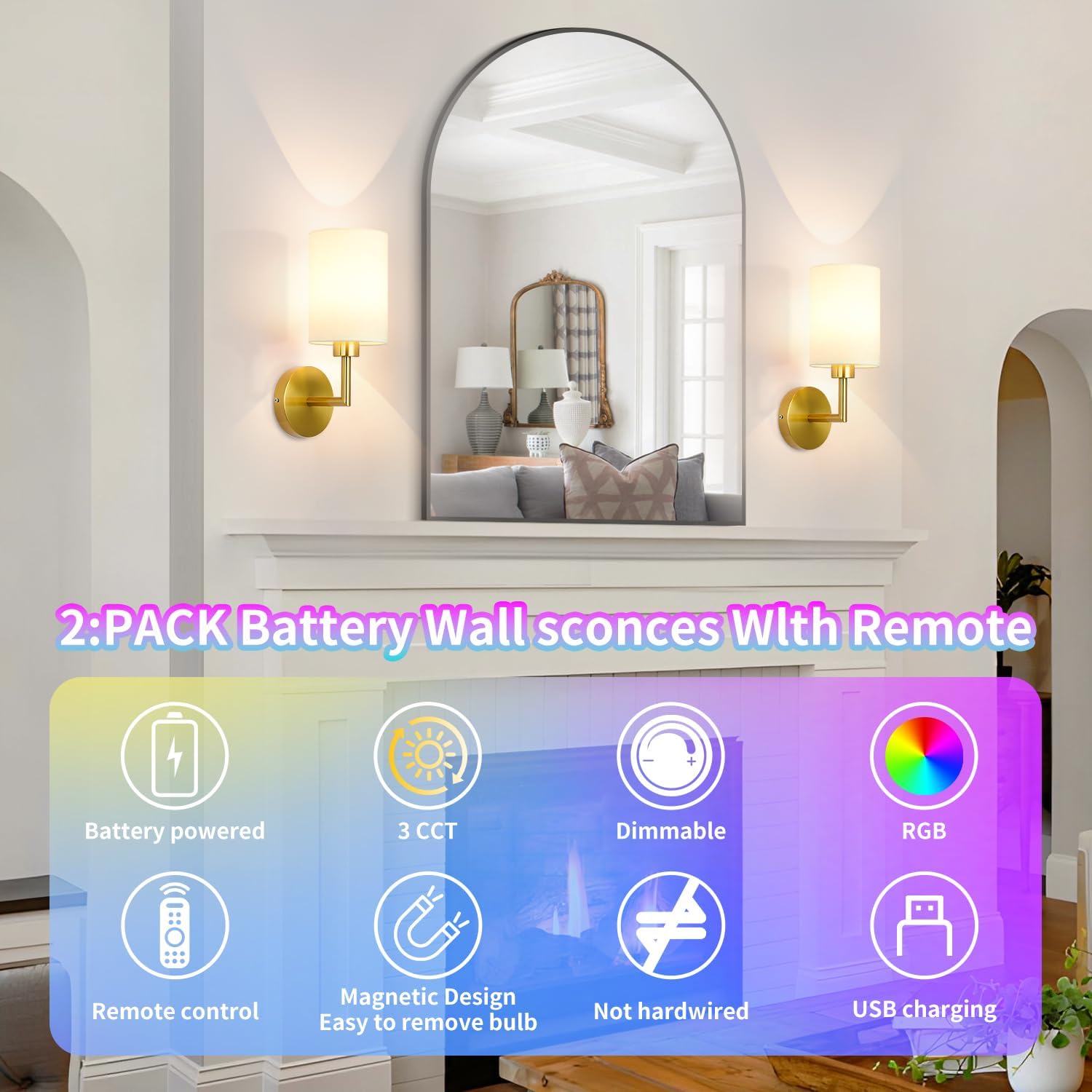 Battery Operated Wall Sconce Set of Two,Dimmable Cordless Wall Sconces,12 Colors Rechargeable Wall Lights,Wall Lamps for Bedroom,Living Room (Bronze)