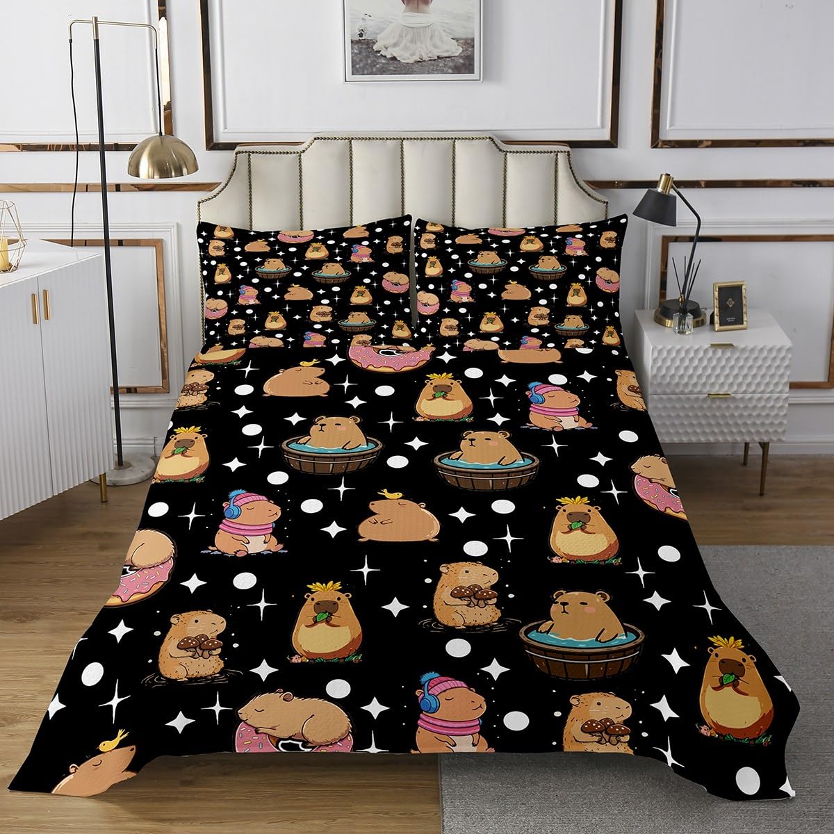 Funny Capybara Coverlet Set Twin Size Cute Kawaii Aniaml Bedspread Fashion Room Decor Geometric Star Polka Dots Quilted for Teens Gift Cartoon Capybara Bedspread with 1 Pillowcase