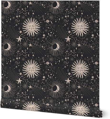 Spoonflower Papel tapiz para despegar y pegar - Boho Astronomía Celestial Astrología Negro Beige Bohemio Femenino Papel pintado extraíble disponible en Yaxa Peru